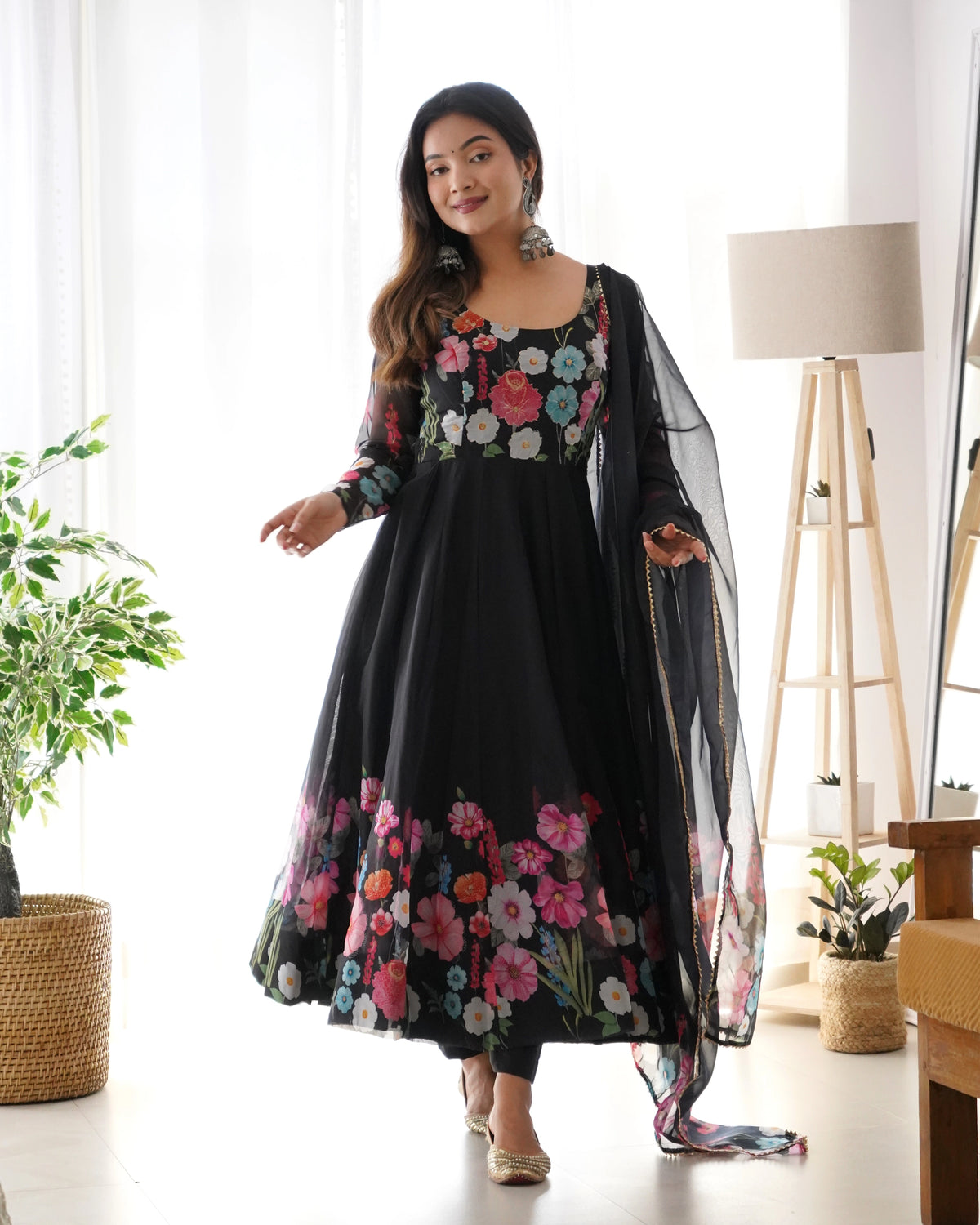 Timeless Black Floral Organza Silk Anarkali with Handcrafted Gota Patti Dupatta