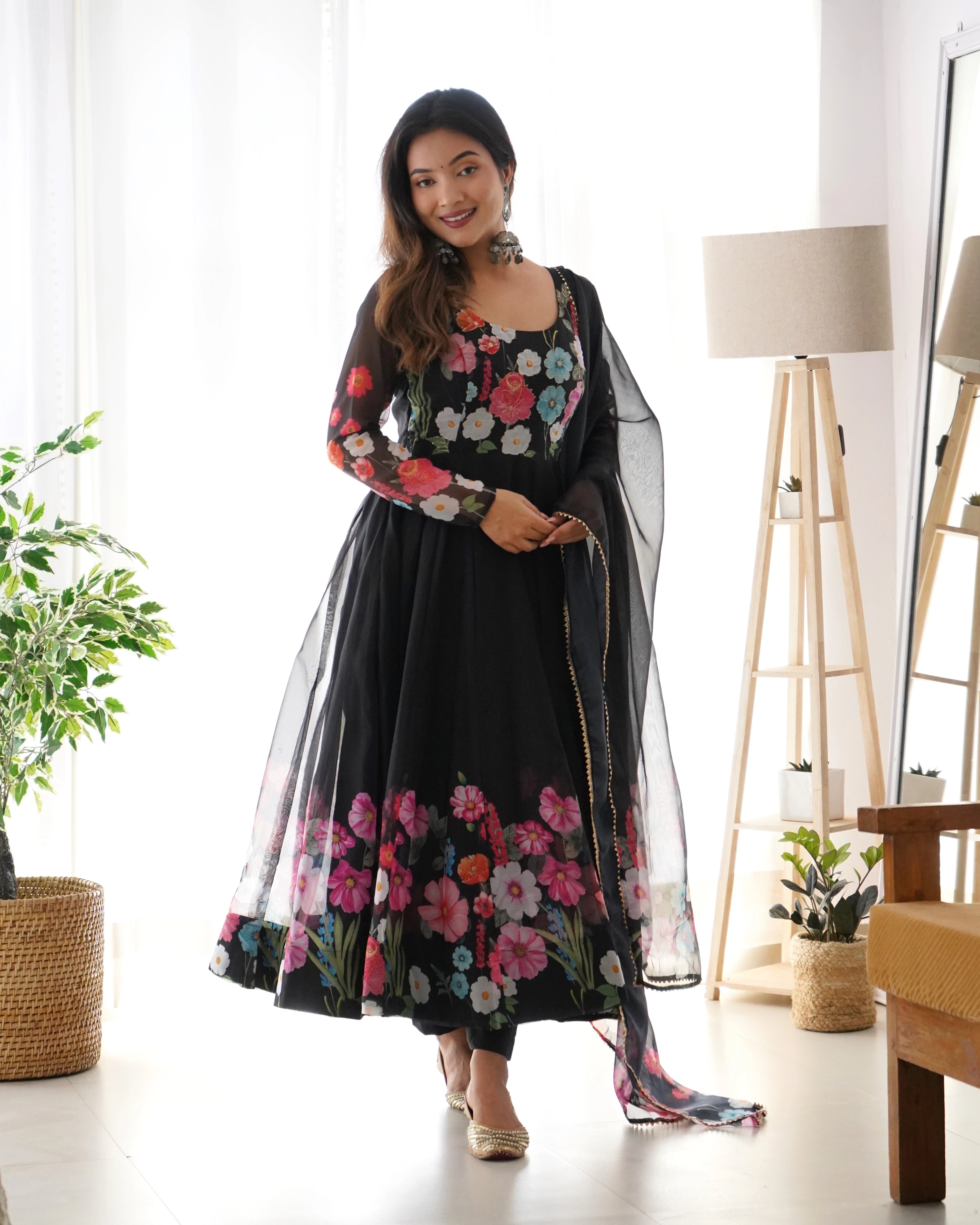 Timeless Black Floral Organza Silk Anarkali with Handcrafted Gota Patti Dupatta