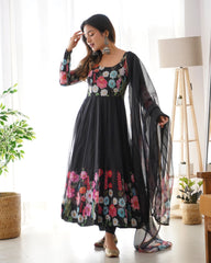 Timeless Black Floral Organza Silk Anarkali with Handcrafted Gota Patti Dupatta