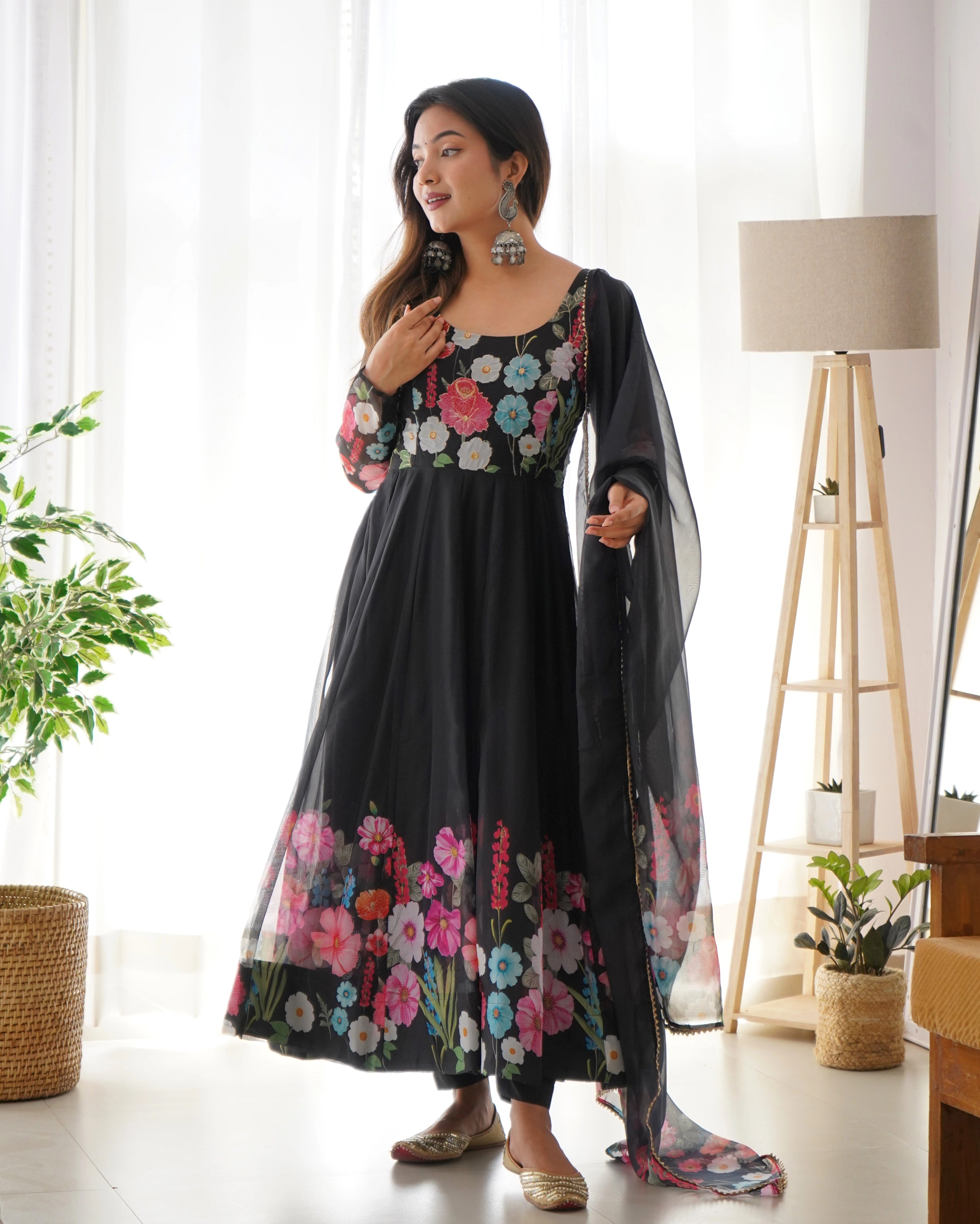 Timeless Black Floral Organza Silk Anarkali with Handcrafted Gota Patti Dupatta