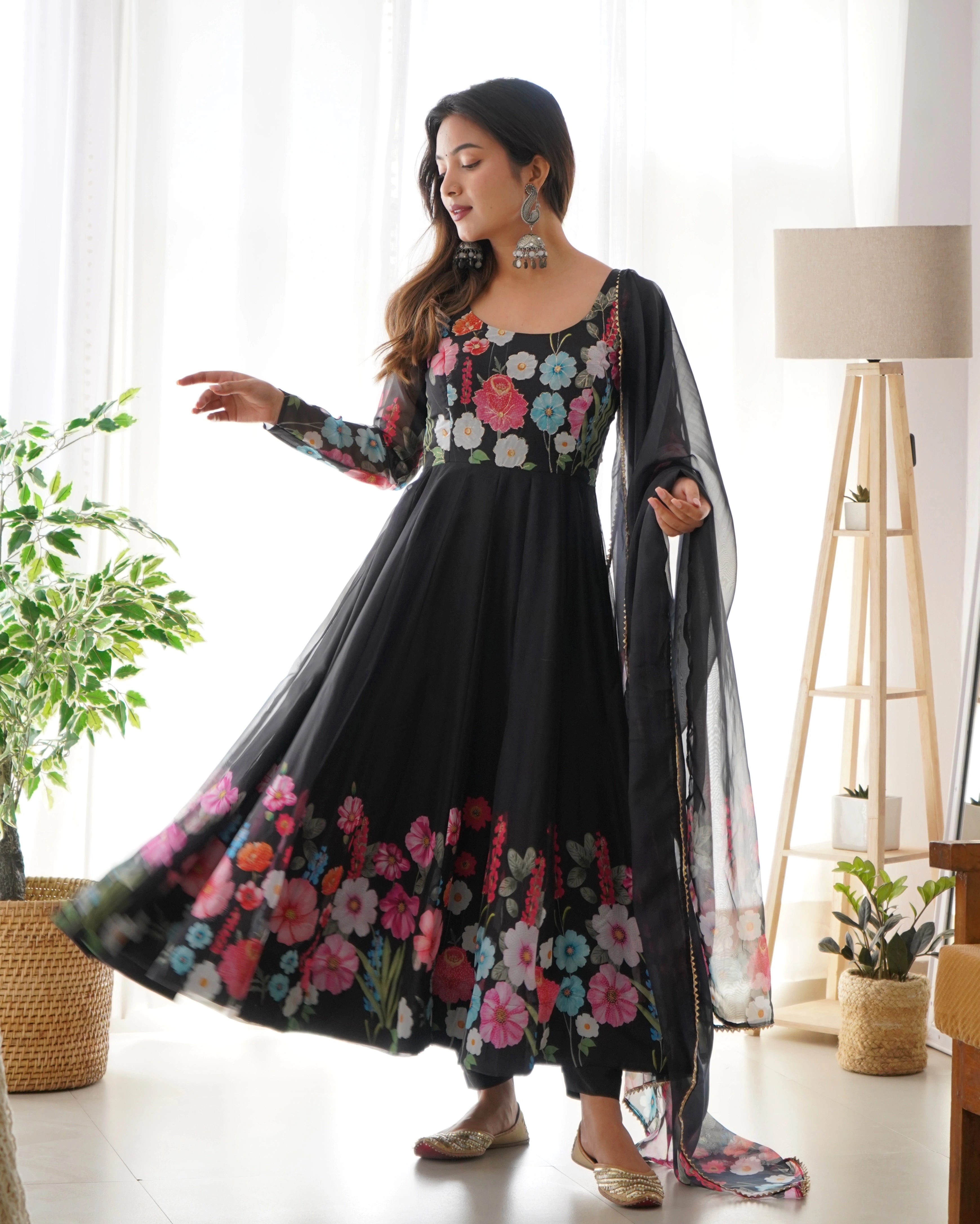 Timeless Black Floral Organza Silk Anarkali with Handcrafted Gota Patti Dupatta