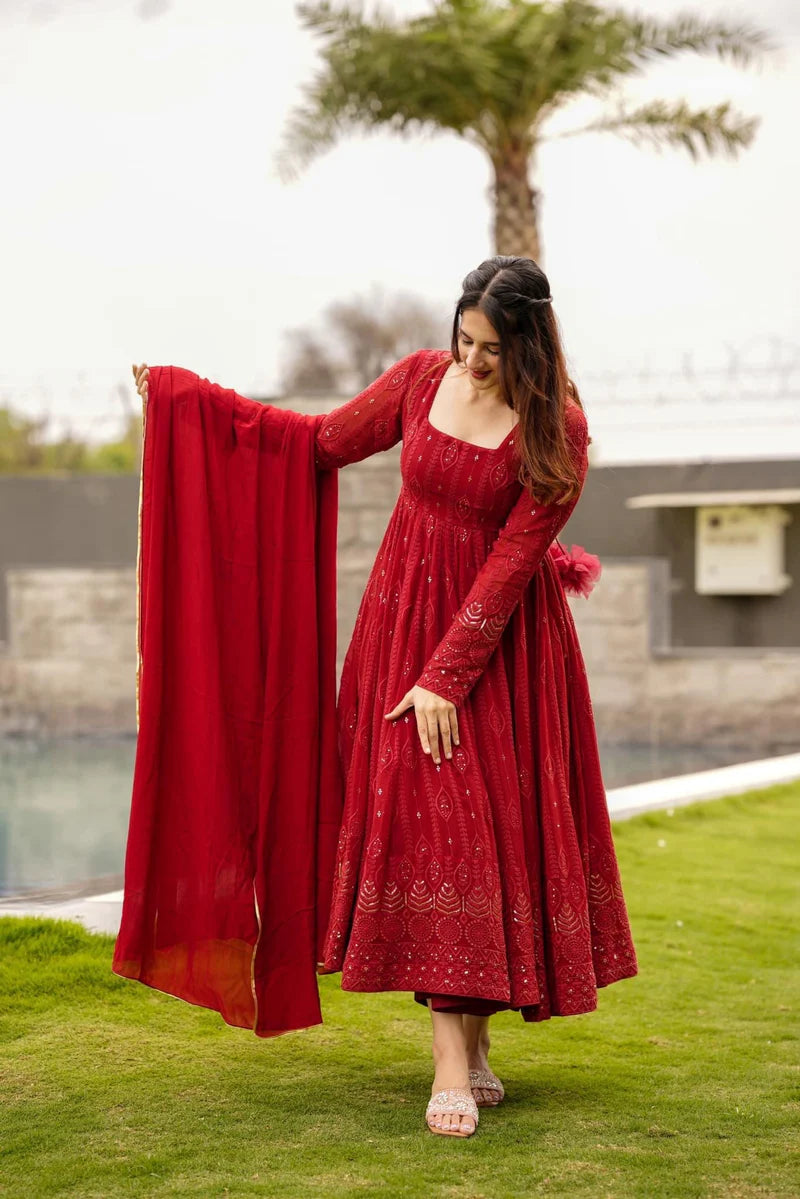 Elegant Embroidered Georgette Anarkali Set with Dupatta and Cotton Pants