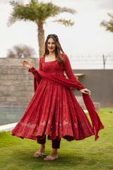 Elegant Embroidered Georgette Anarkali Set with Dupatta and Cotton Pants