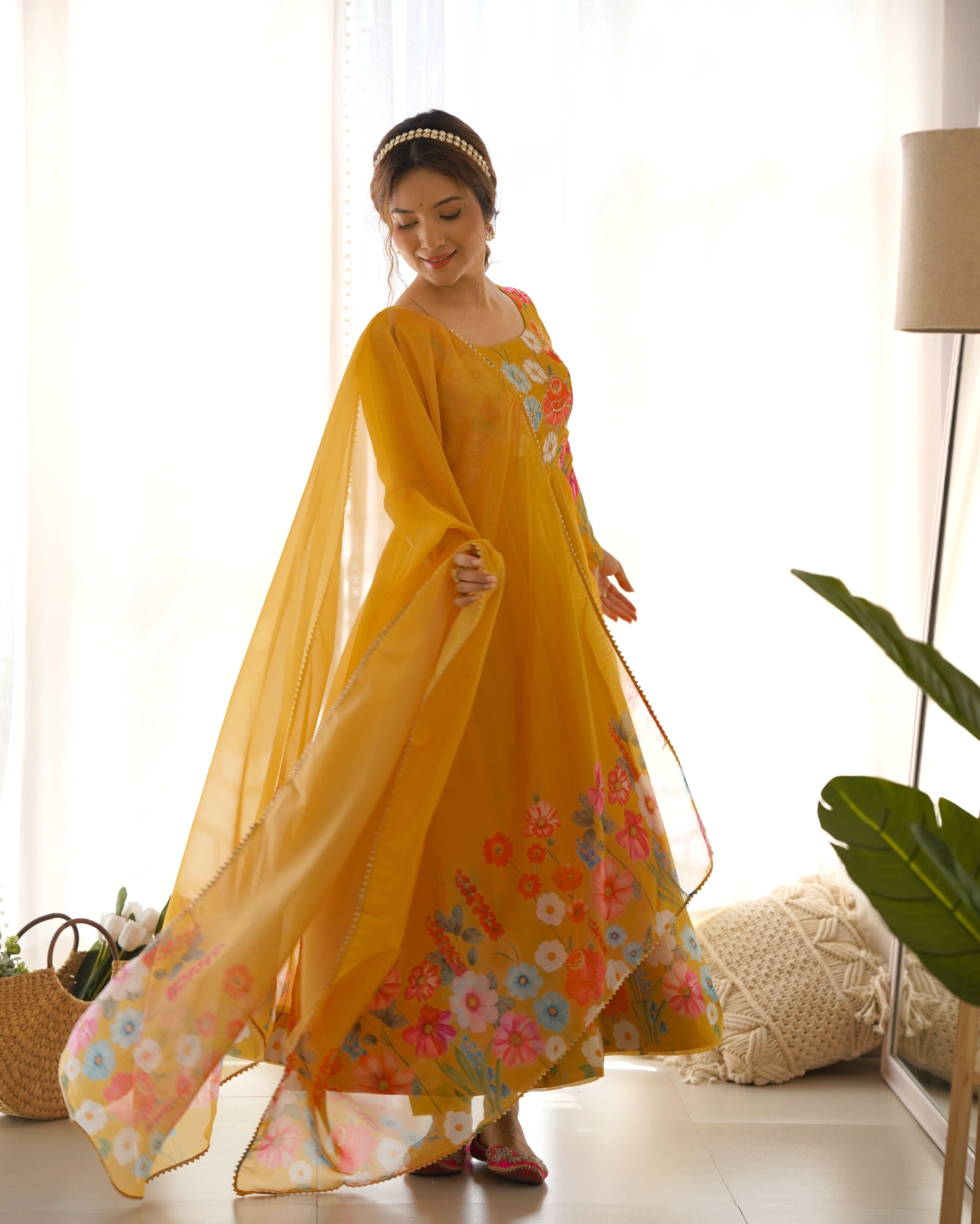 Vibrant Yellow Floral Organza Silk Anarkali Set with Gota Patti Lace Dupatta