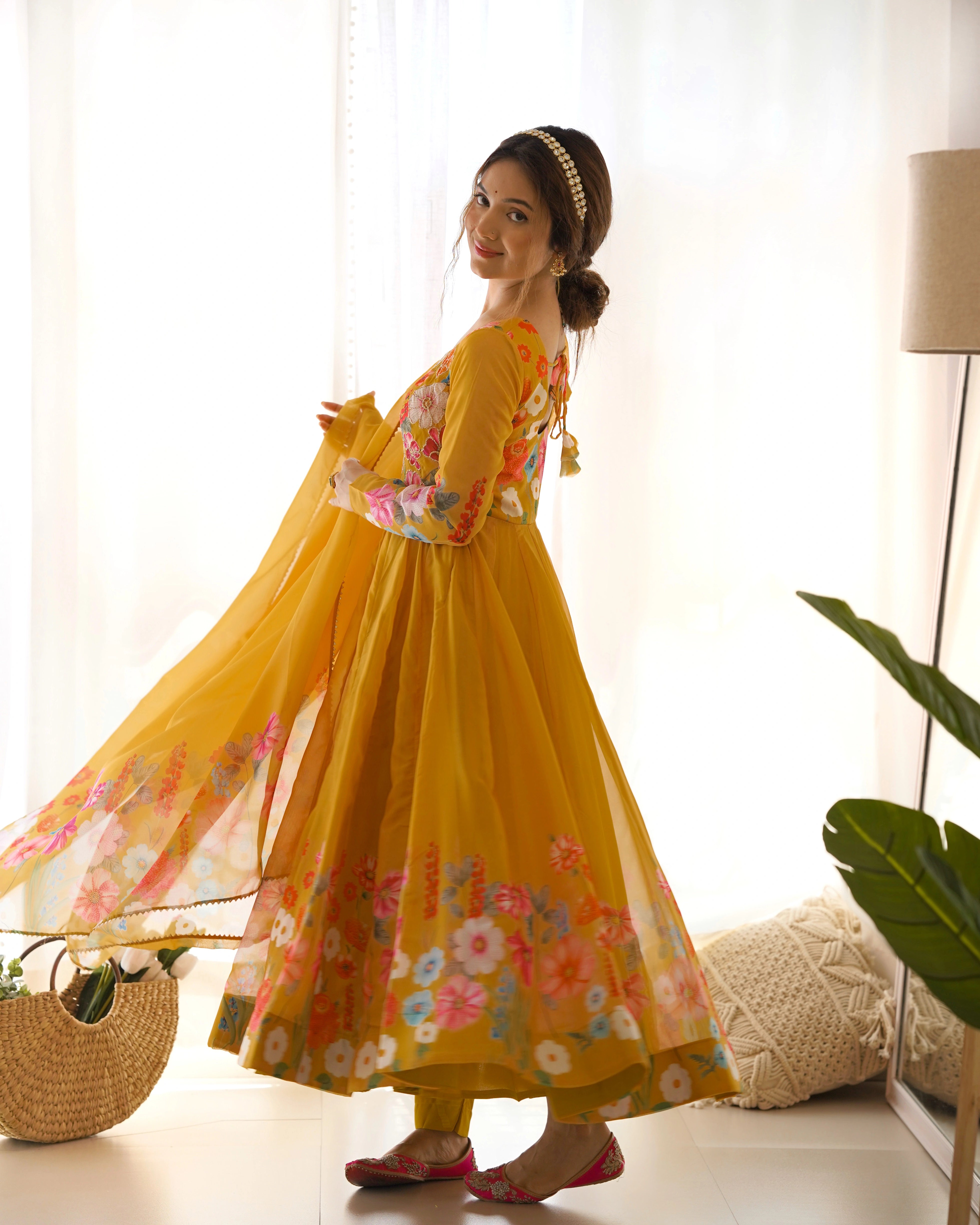 Vibrant Yellow Floral Organza Silk Anarkali Set with Gota Patti Lace Dupatta