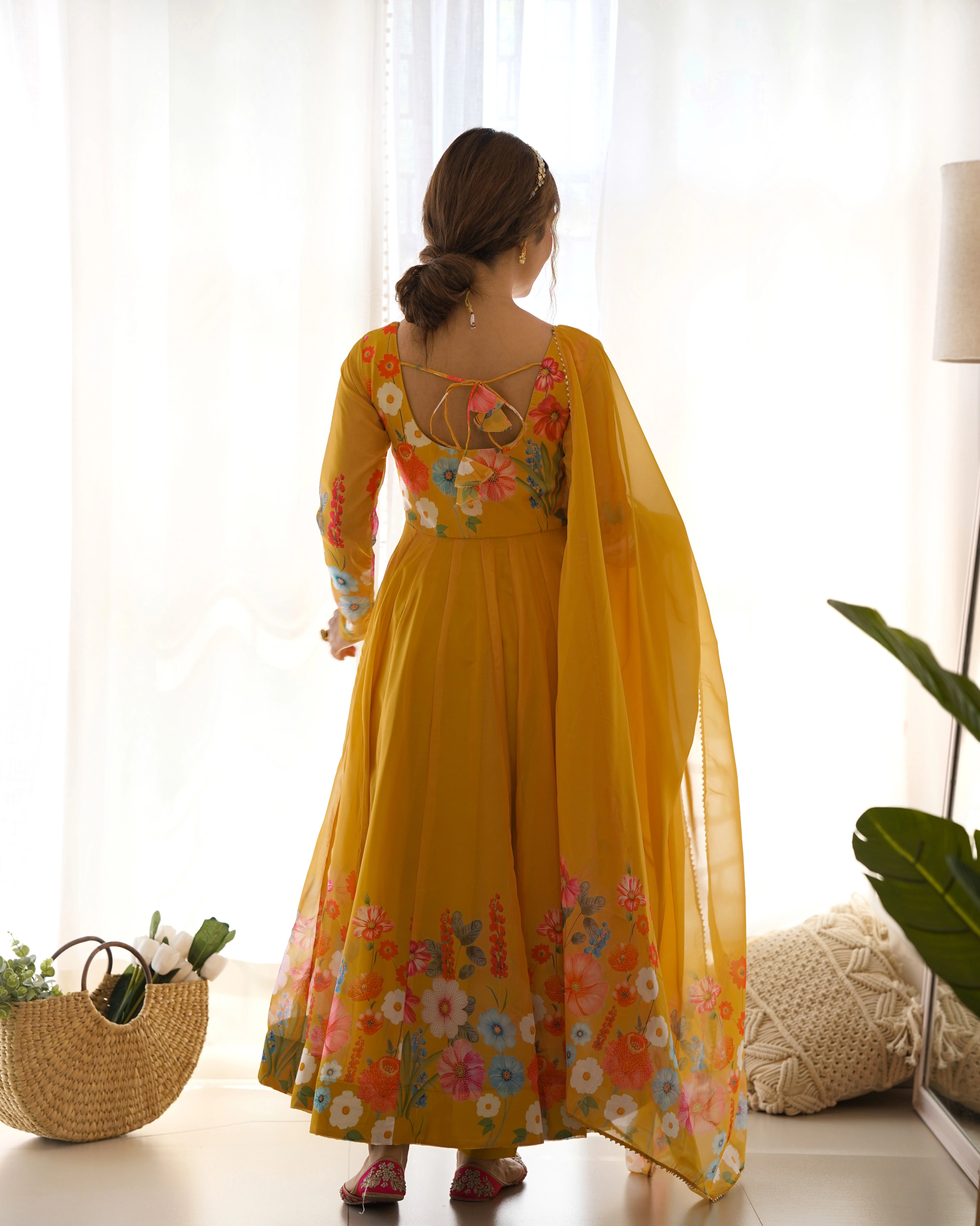 Vibrant Yellow Floral Organza Silk Anarkali Set with Gota Patti Lace Dupatta