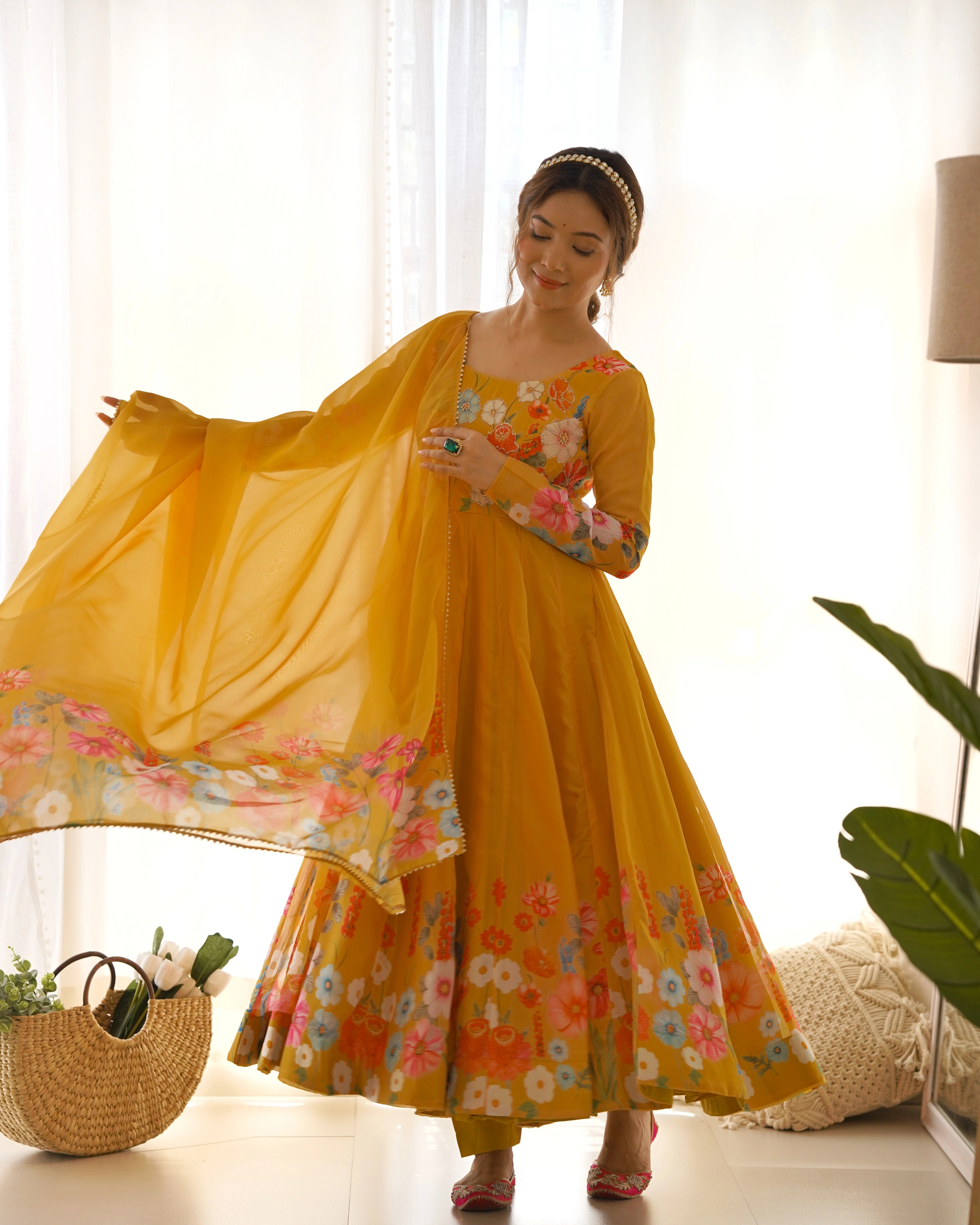 Vibrant Yellow Floral Organza Silk Anarkali Set with Gota Patti Lace Dupatta