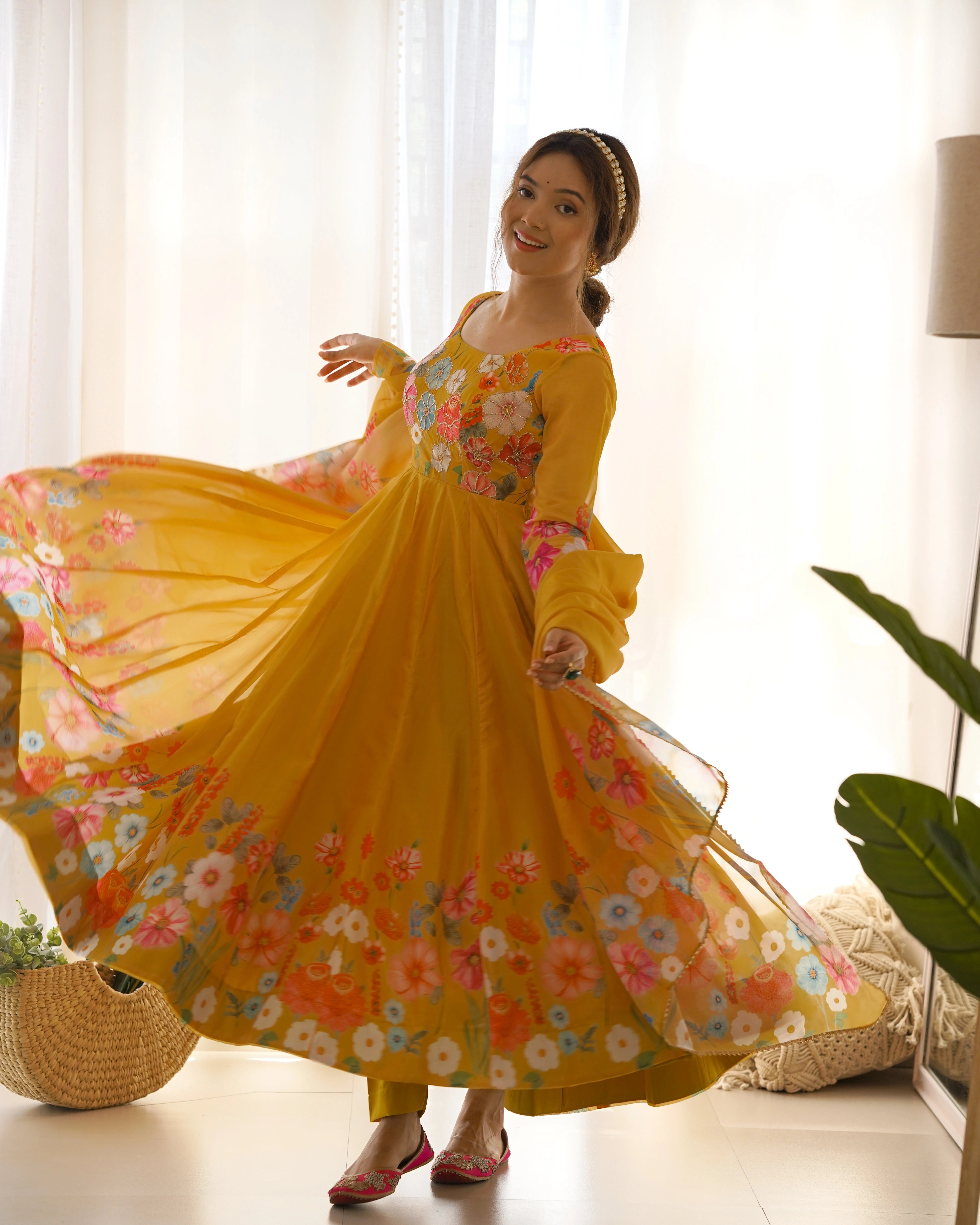 Vibrant Yellow Floral Organza Silk Anarkali Set with Gota Patti Lace Dupatta