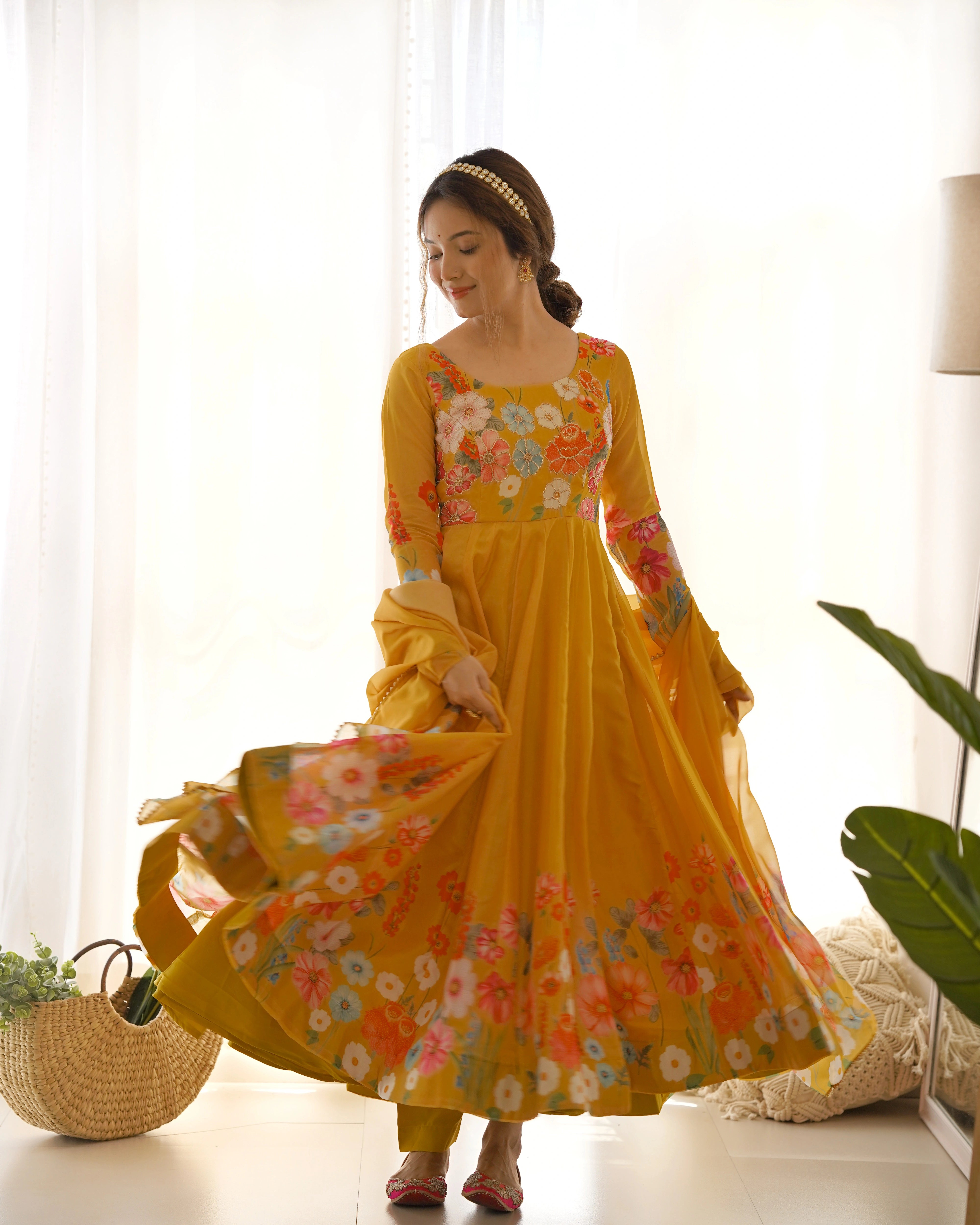 Vibrant Yellow Floral Organza Silk Anarkali Set with Gota Patti Lace Dupatta