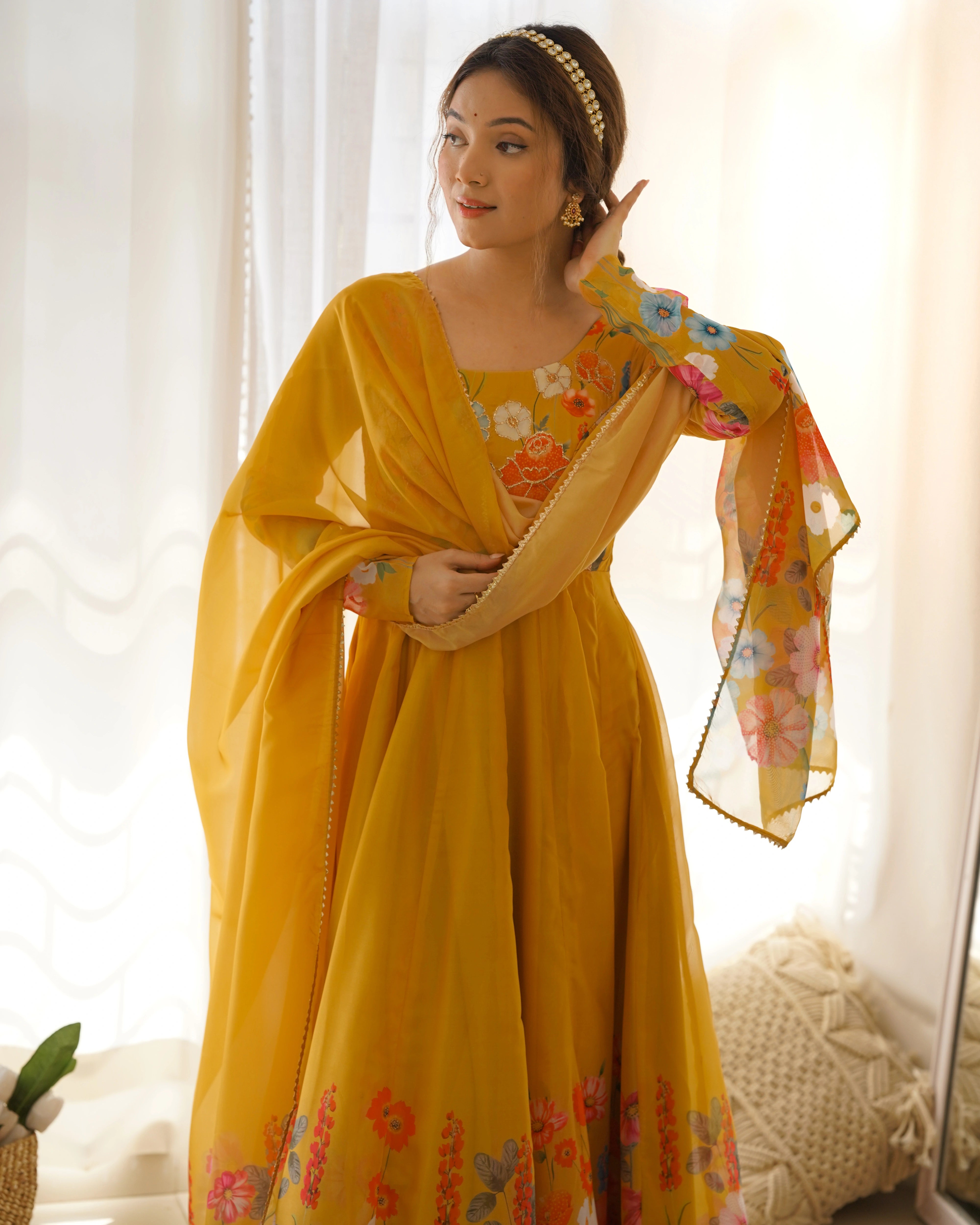 Vibrant Yellow Floral Organza Silk Anarkali Set with Gota Patti Lace Dupatta