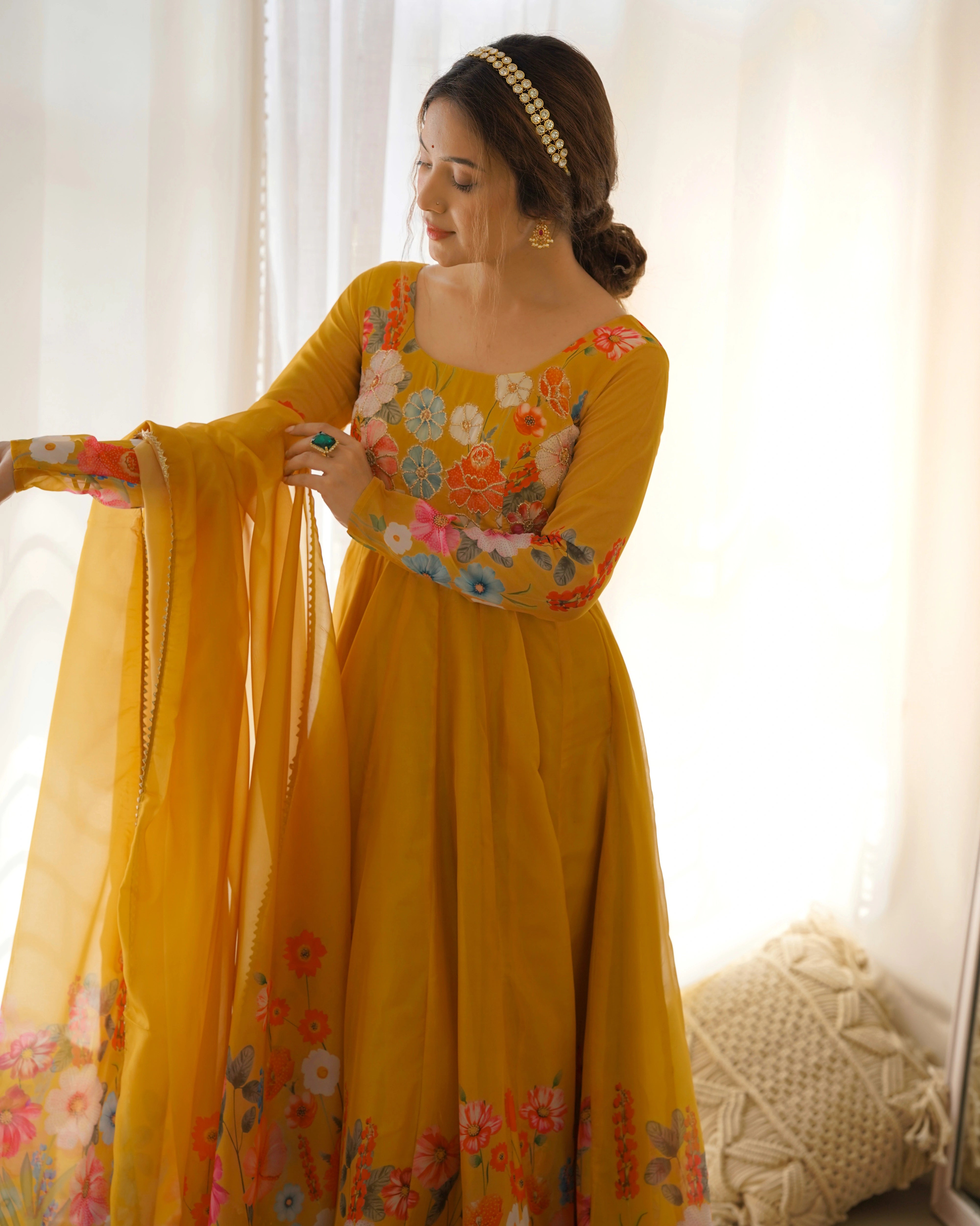 Vibrant Yellow Floral Organza Silk Anarkali Set with Gota Patti Lace Dupatta