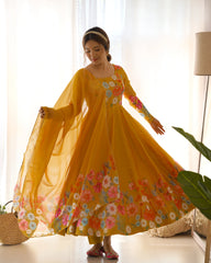 Vibrant Yellow Floral Organza Silk Anarkali Set with Gota Patti Lace Dupatta