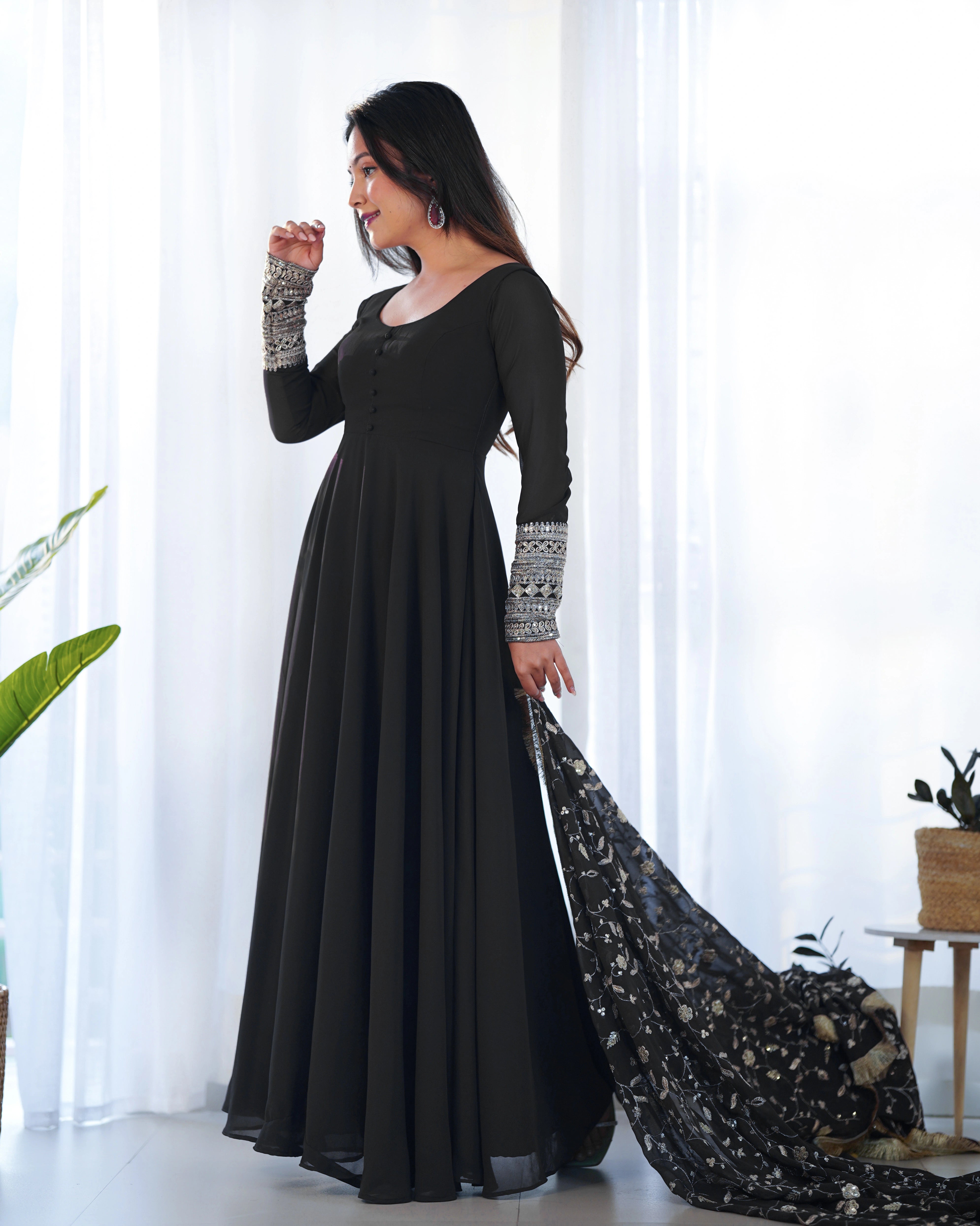 Majestic Black Georgette Anarkali Gown Set with Embroidered Dupatta