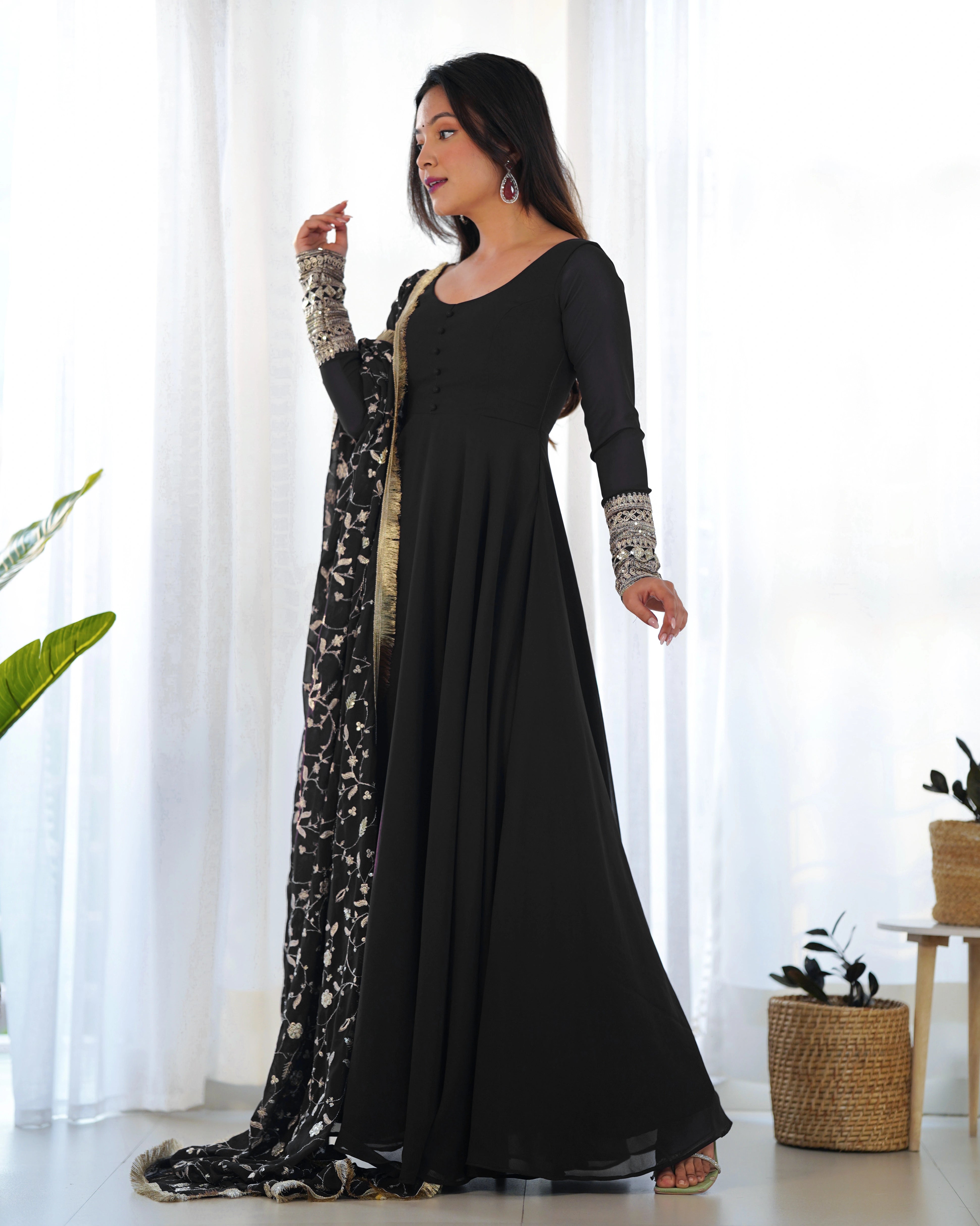 Majestic Black Georgette Anarkali Gown Set with Embroidered Dupatta