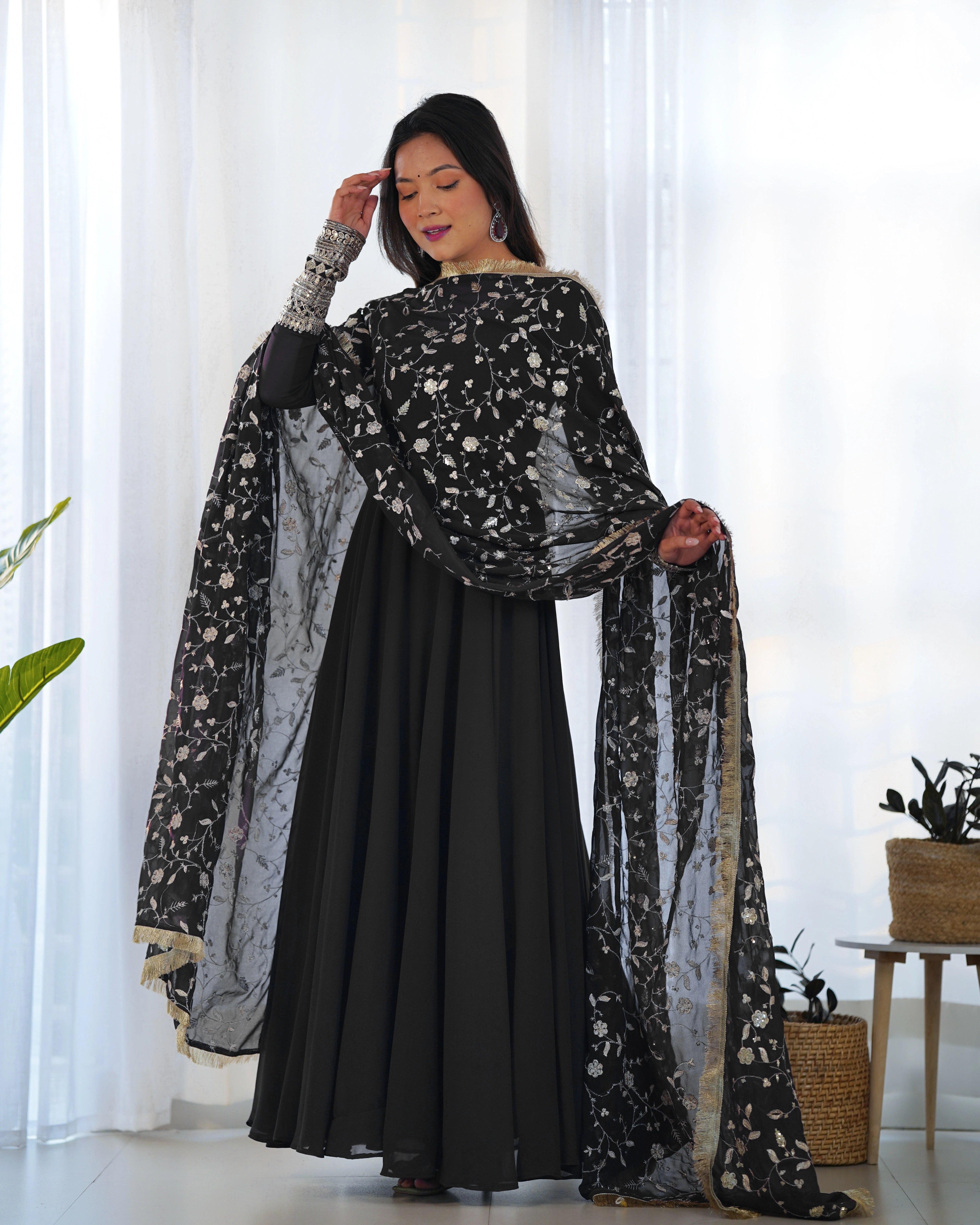 Majestic Black Georgette Anarkali Gown Set with Embroidered Dupatta