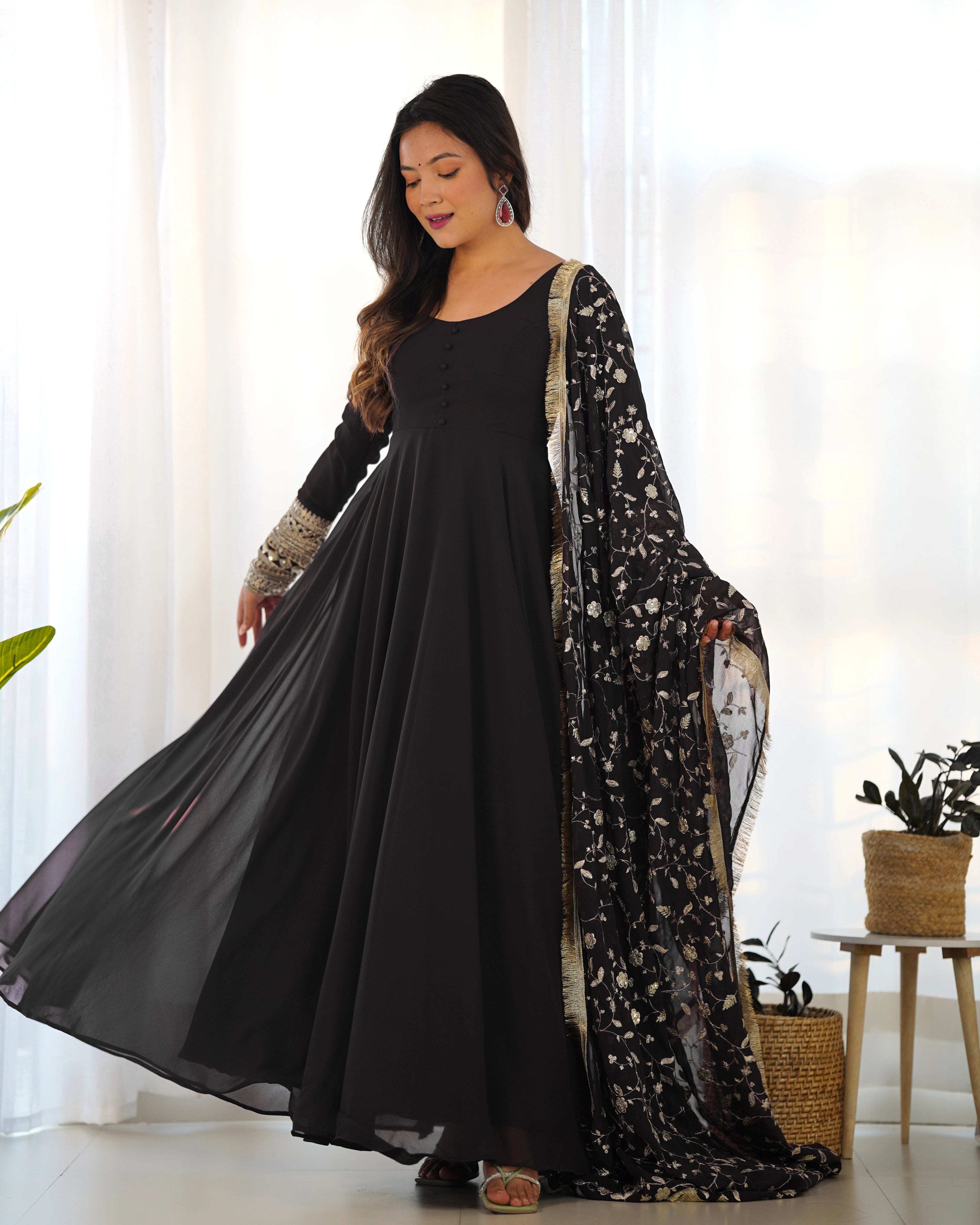 Majestic Black Georgette Anarkali Gown Set with Embroidered Dupatta