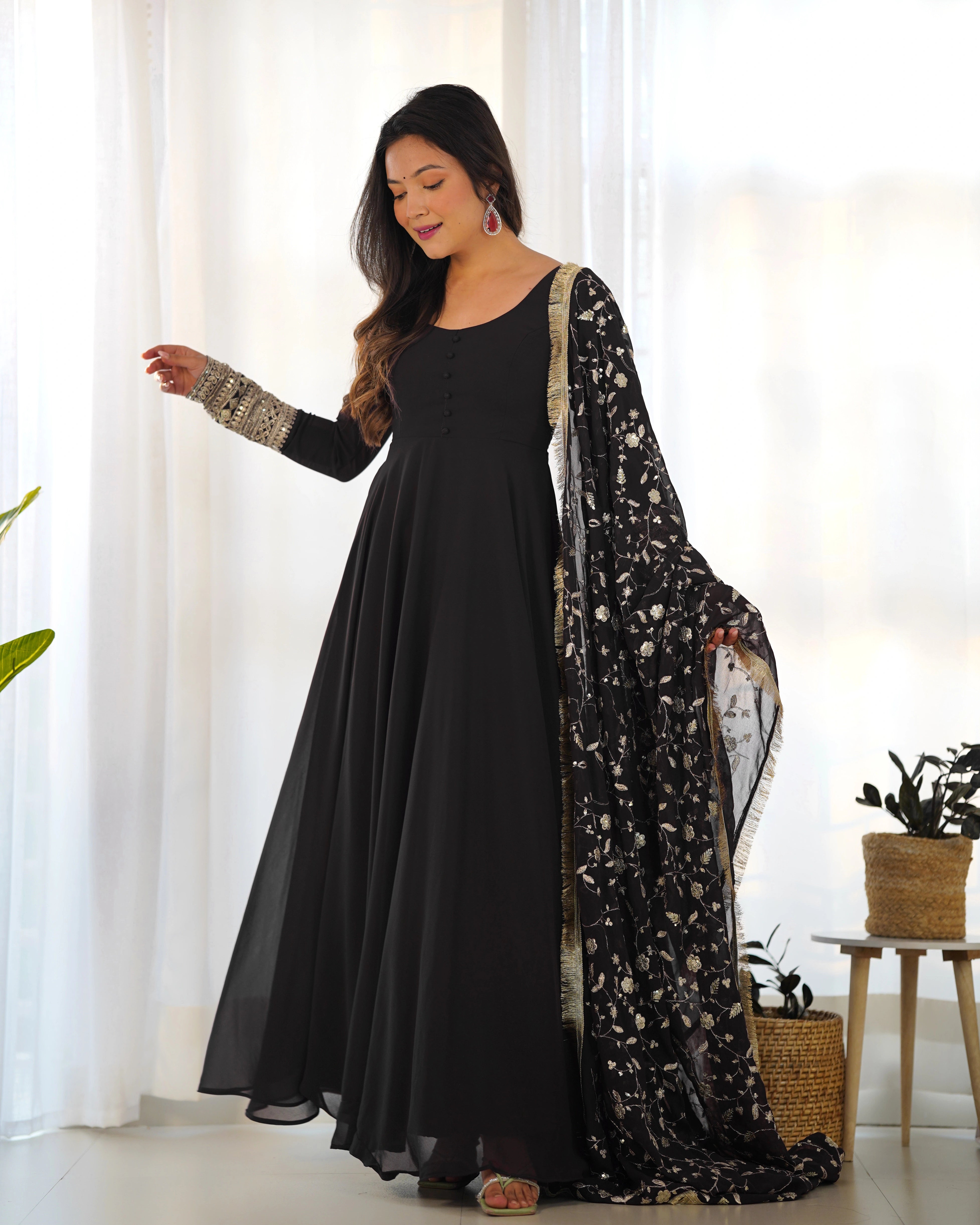 Majestic Black Georgette Anarkali Gown Set with Embroidered Dupatta