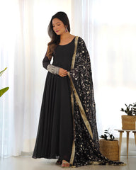 Majestic Black Georgette Anarkali Gown Set with Embroidered Dupatta