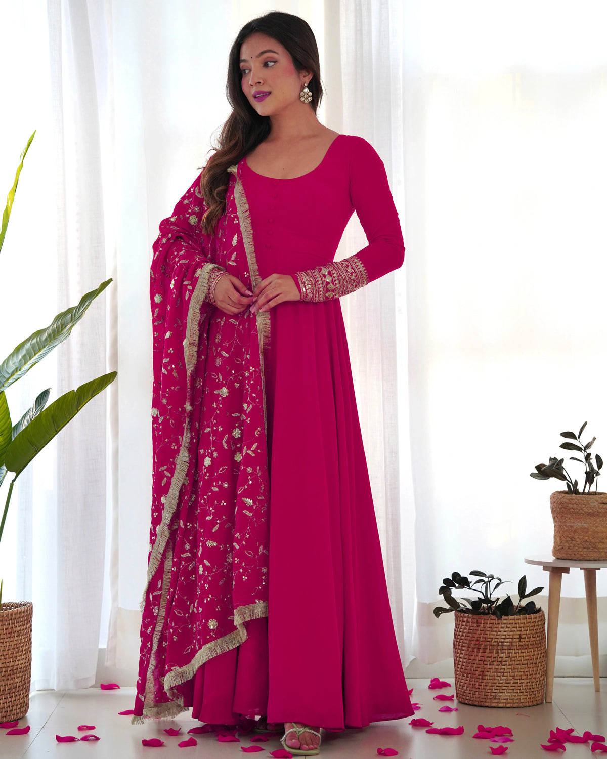 Radiant Rani Pink Anarkali Gown Set with Intricate Lace Dupatta