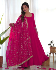 Radiant Rani Pink Anarkali Gown Set with Intricate Lace Dupatta