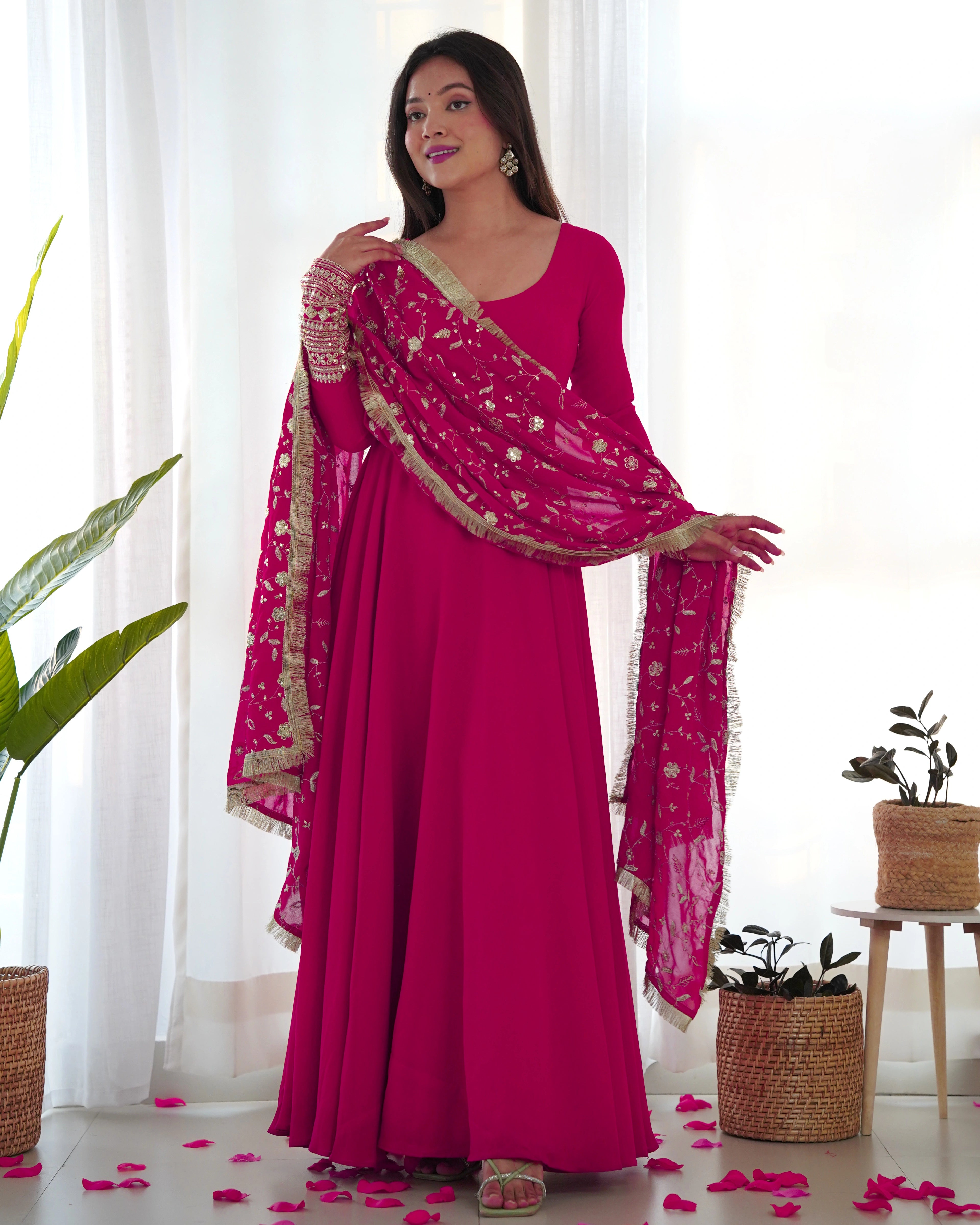 Radiant Rani Pink Anarkali Gown Set with Intricate Lace Dupatta