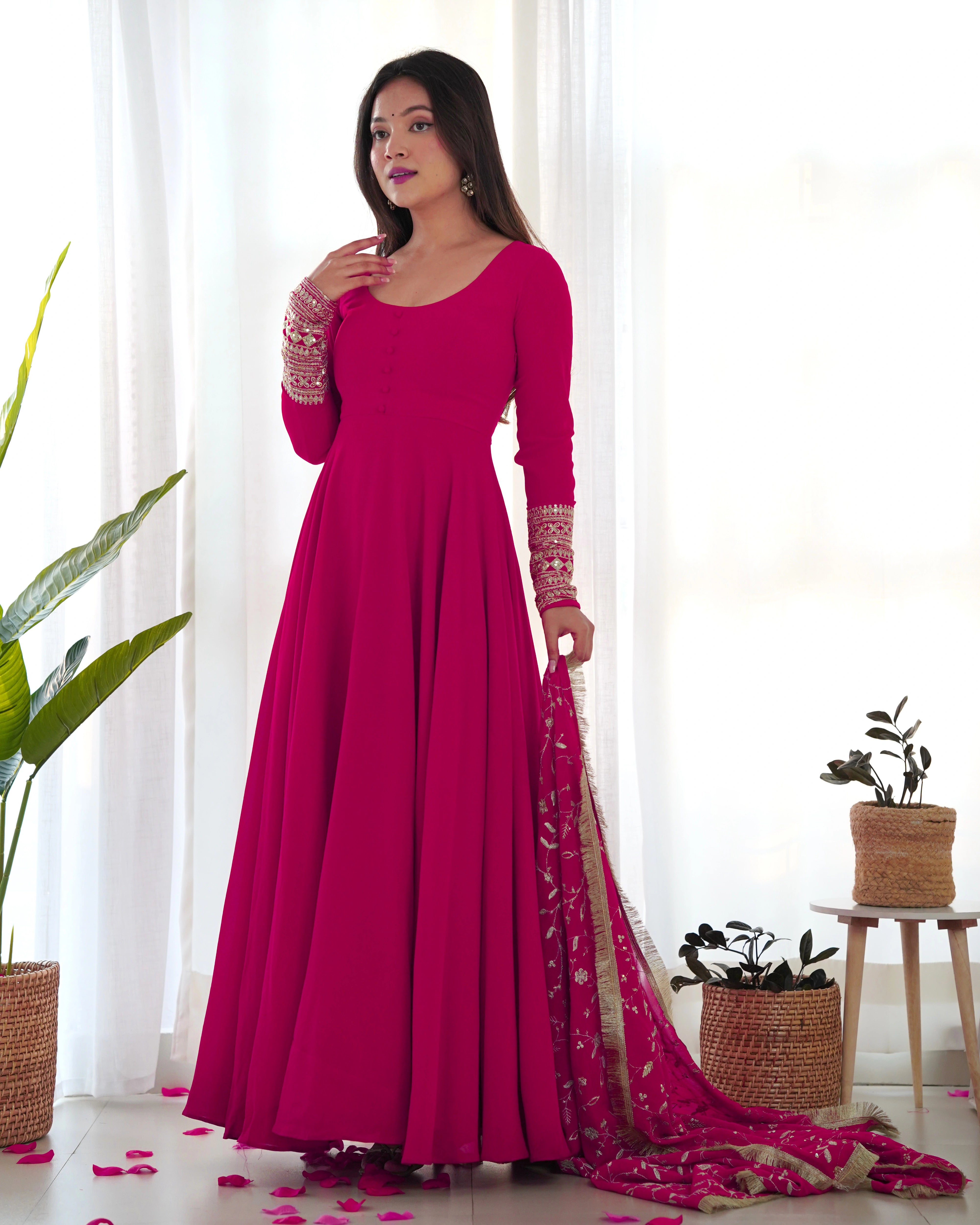 Radiant Rani Pink Anarkali Gown Set with Intricate Lace Dupatta