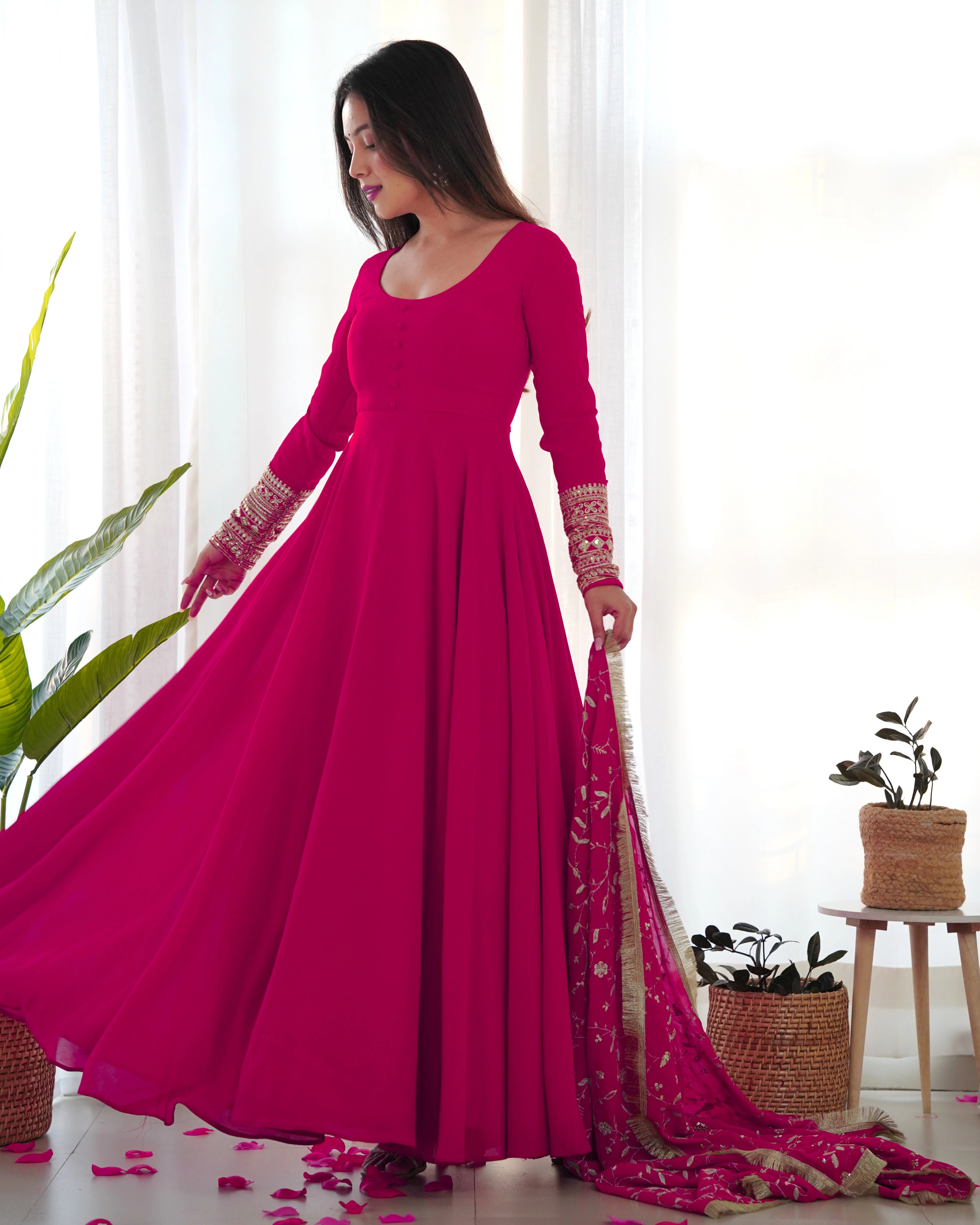 Radiant Rani Pink Anarkali Gown Set with Intricate Lace Dupatta