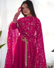 Radiant Rani Pink Anarkali Gown Set with Intricate Lace Dupatta