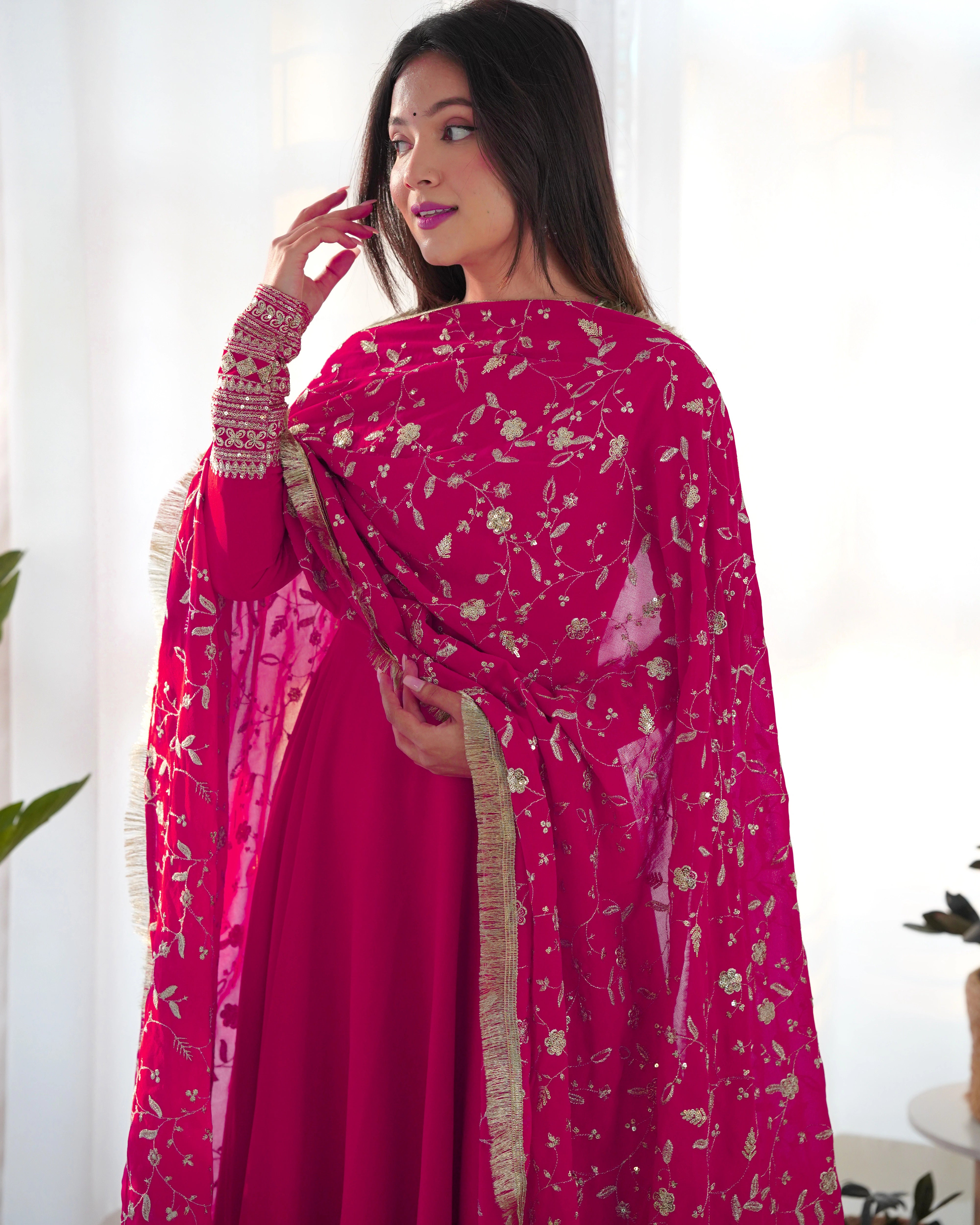 Radiant Rani Pink Anarkali Gown Set with Intricate Lace Dupatta