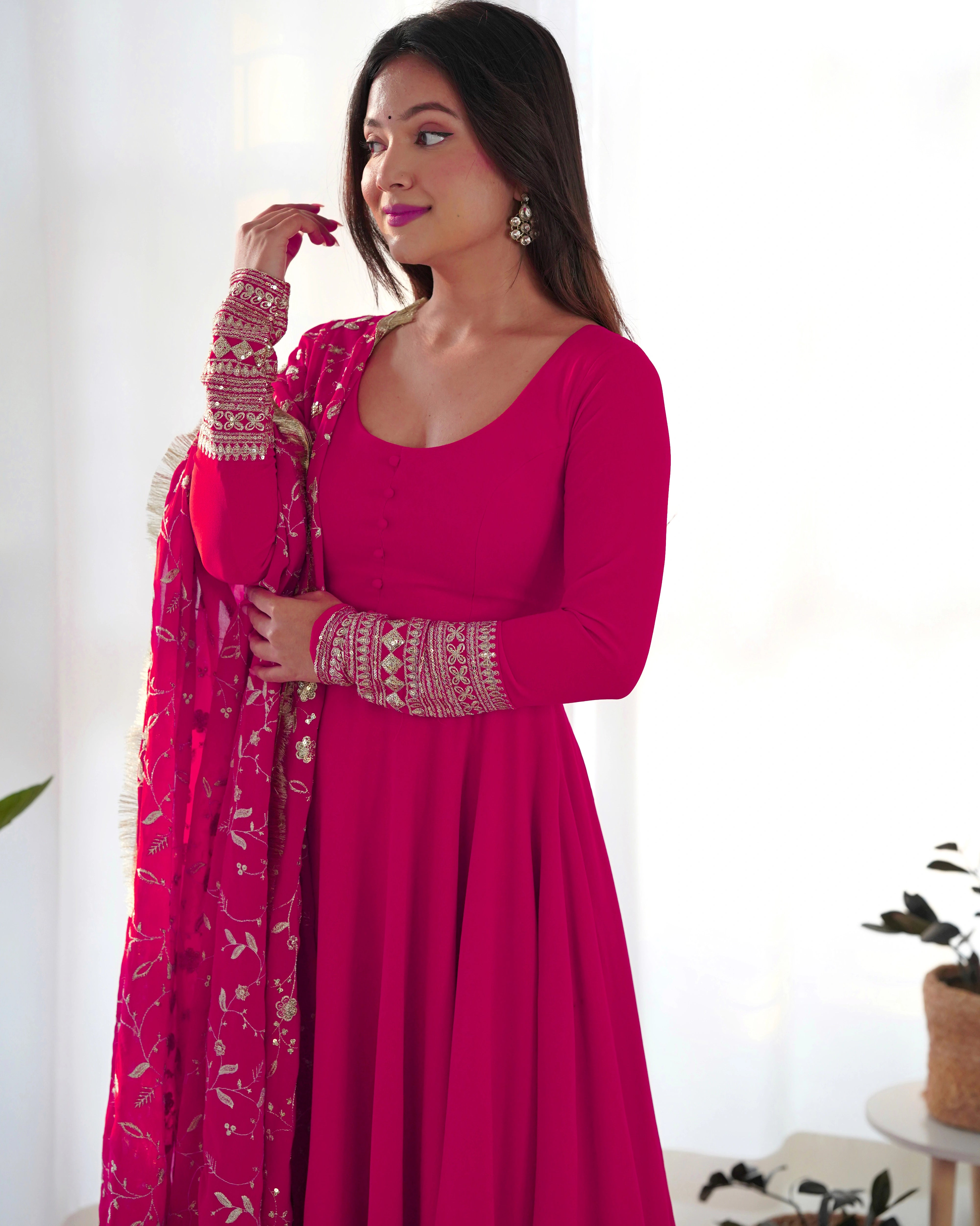 Radiant Rani Pink Anarkali Gown Set with Intricate Lace Dupatta