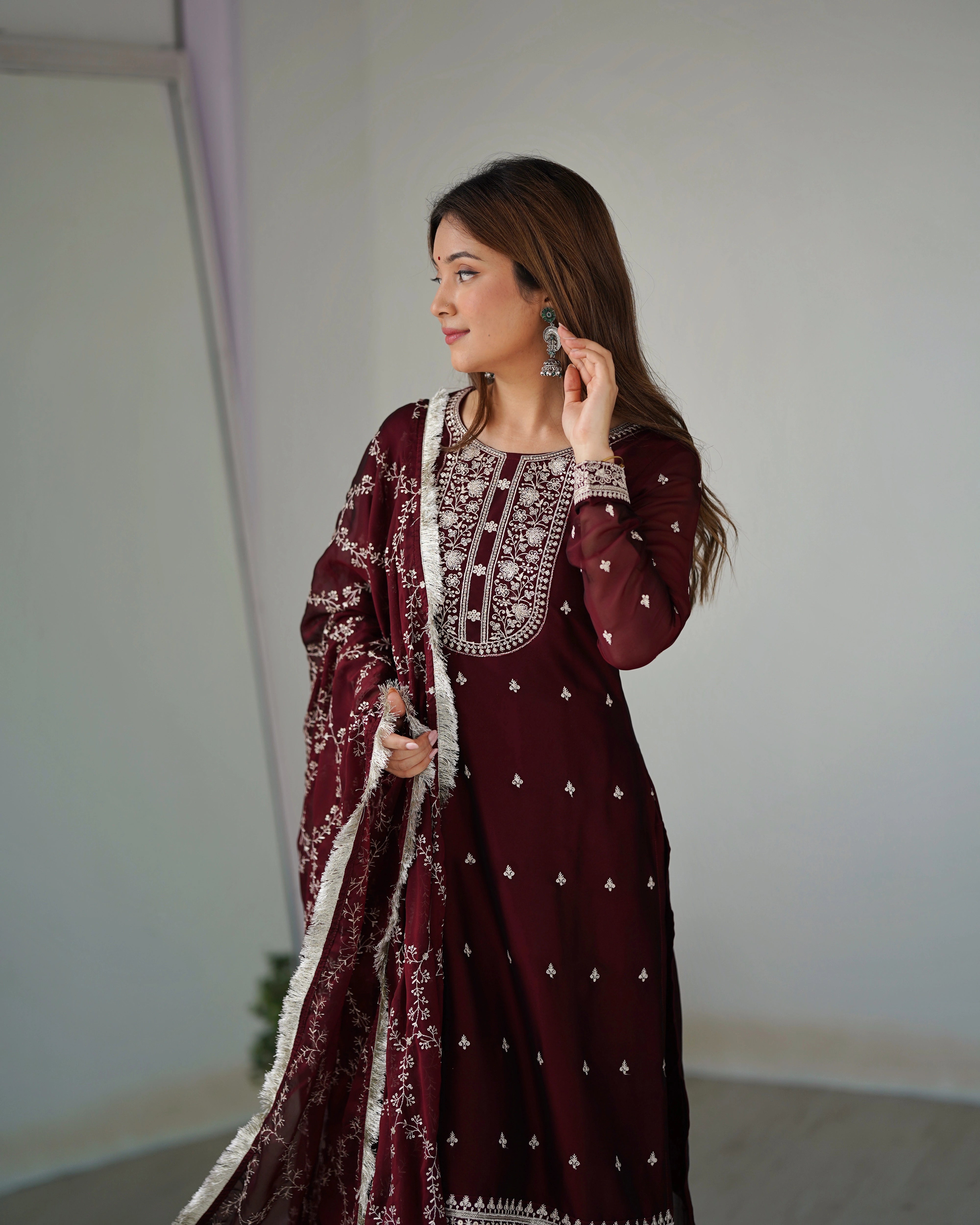 Elegant Maroon Rangoli Silk Straight-Fit Kurta Set with Embroidery Dupatta