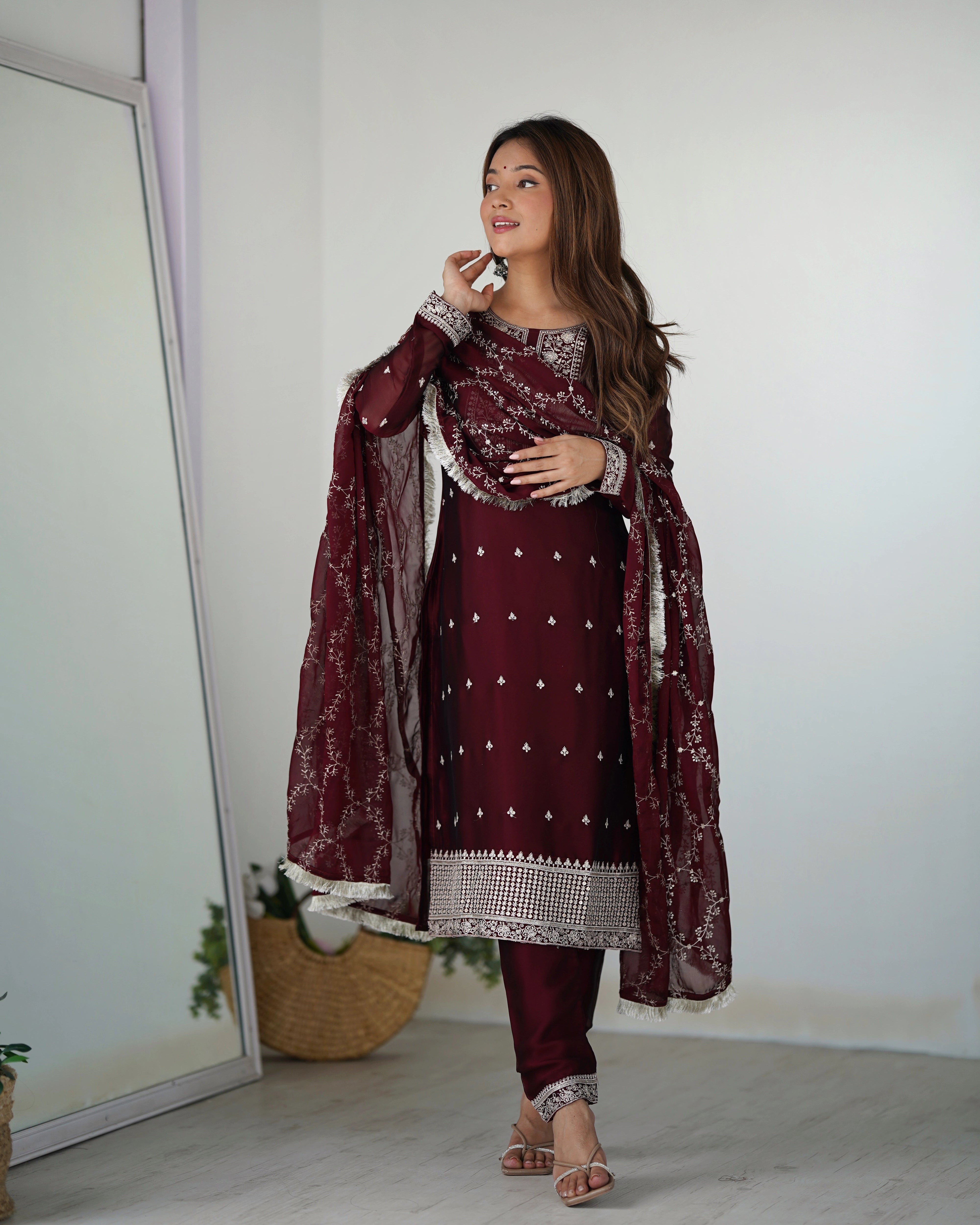 Elegant Maroon Rangoli Silk Straight-Fit Kurta Set with Embroidery Dupatta