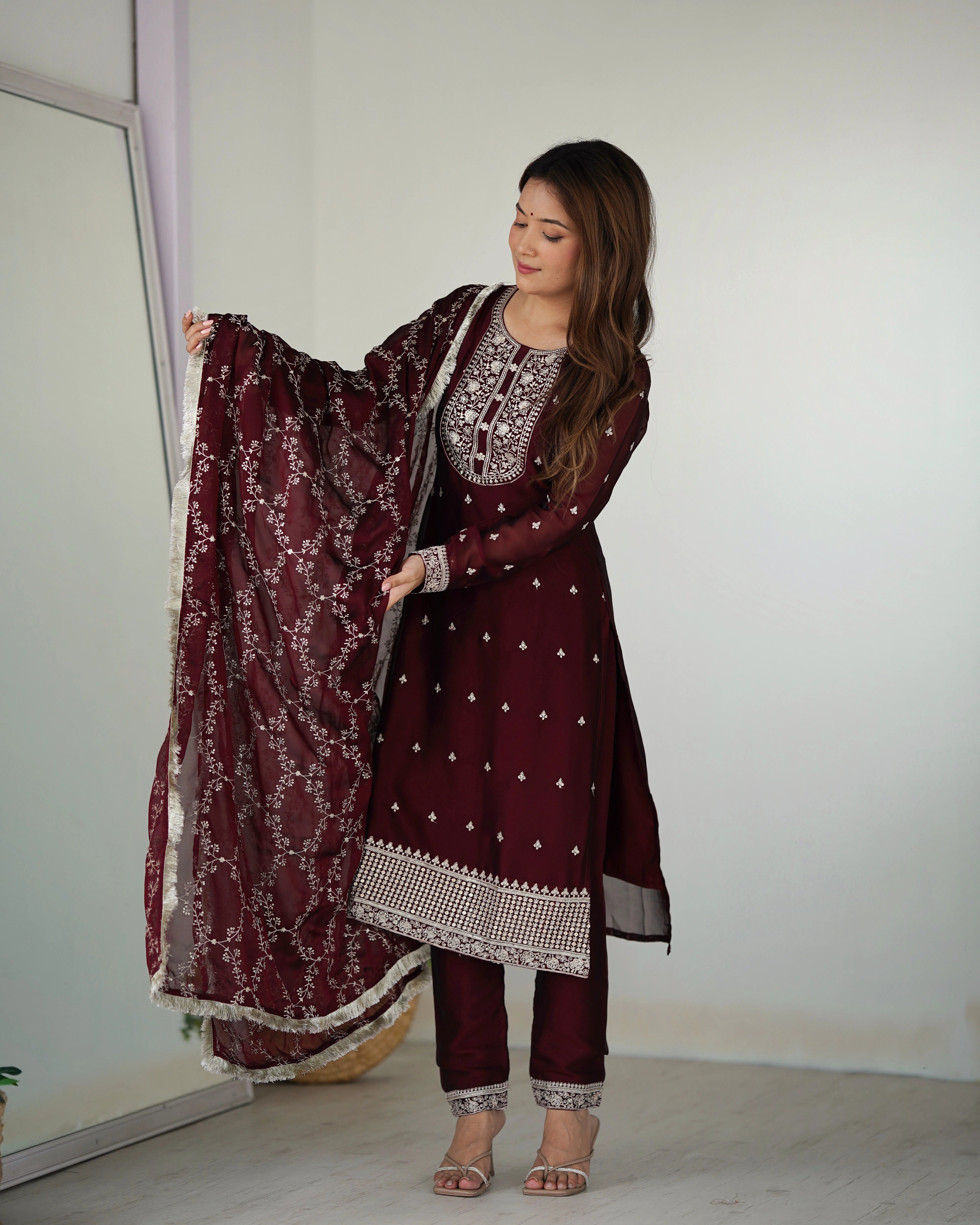 Elegant Maroon Rangoli Silk Straight-Fit Kurta Set with Embroidery Dupatta