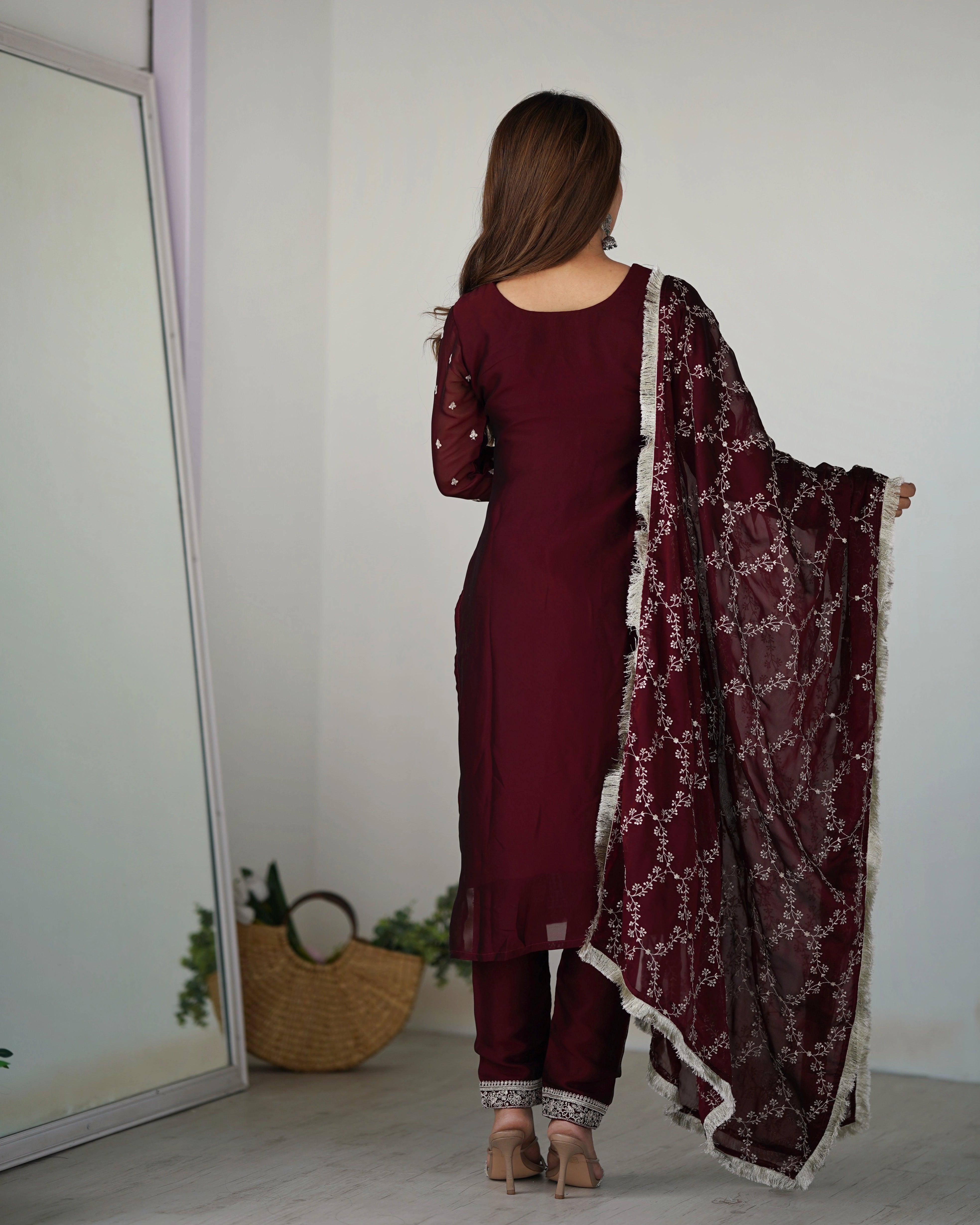 Elegant Maroon Rangoli Silk Straight-Fit Kurta Set with Embroidery Dupatta