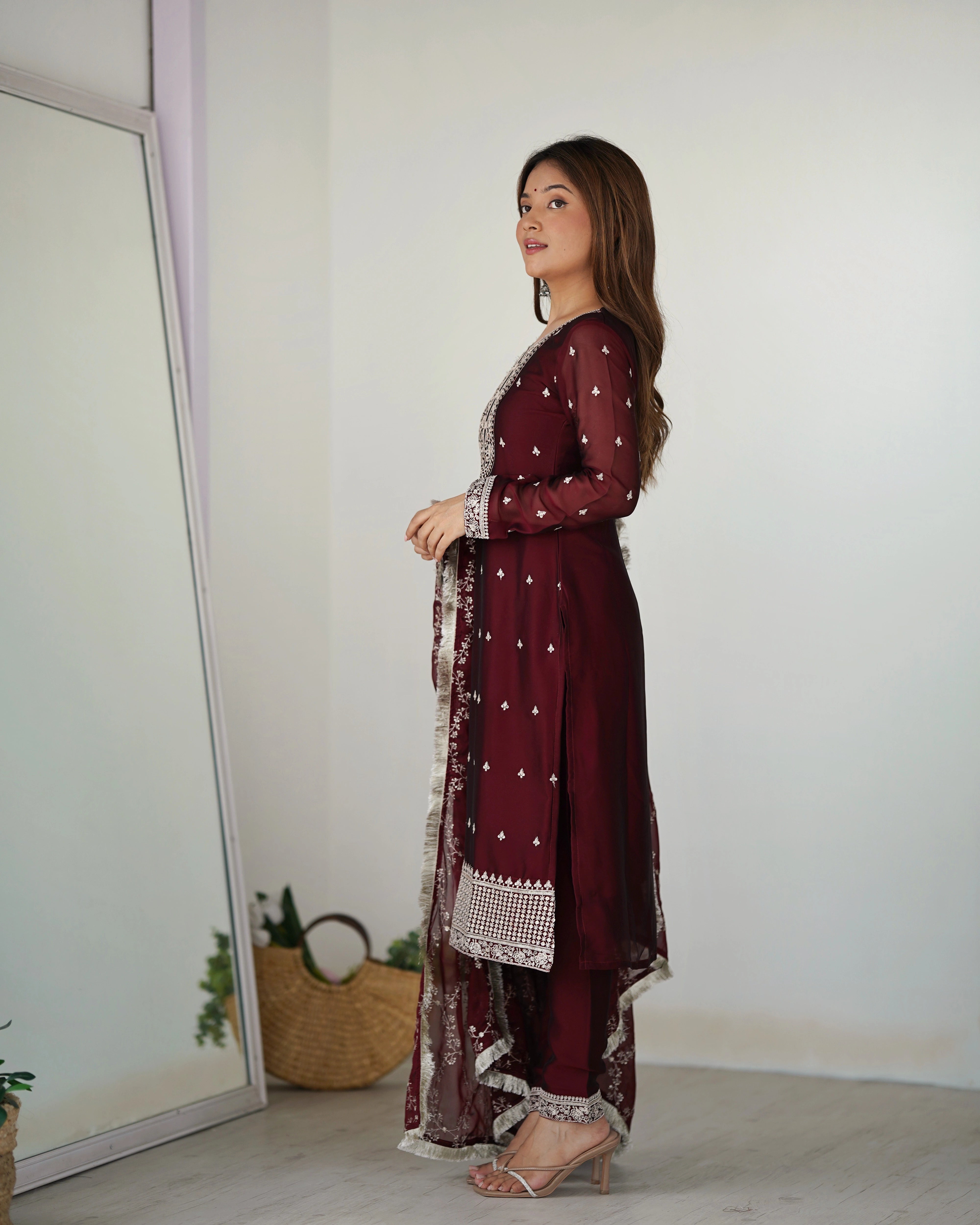 Elegant Maroon Rangoli Silk Straight-Fit Kurta Set with Embroidery Dupatta