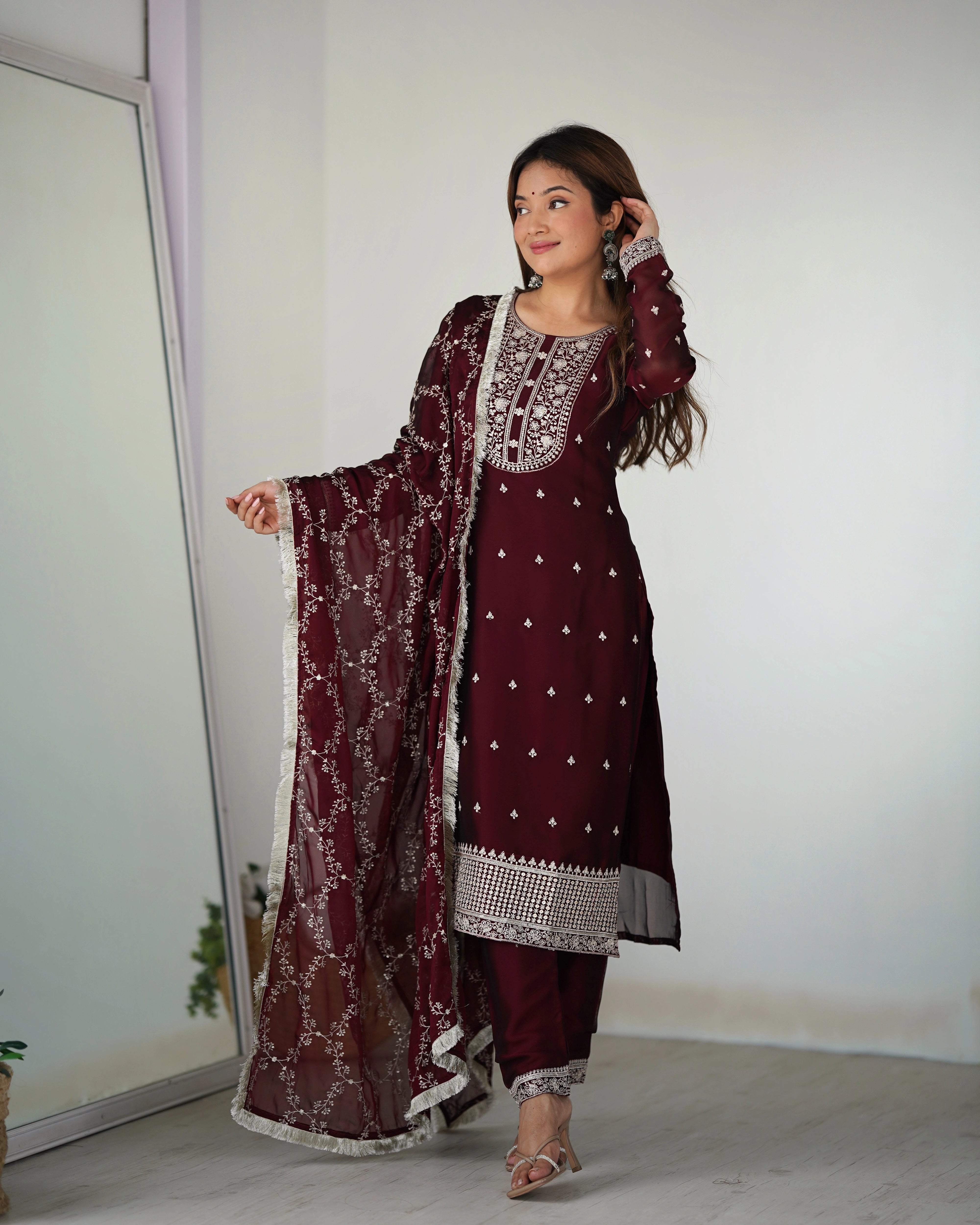 Elegant Maroon Rangoli Silk Straight-Fit Kurta Set with Embroidery Dupatta