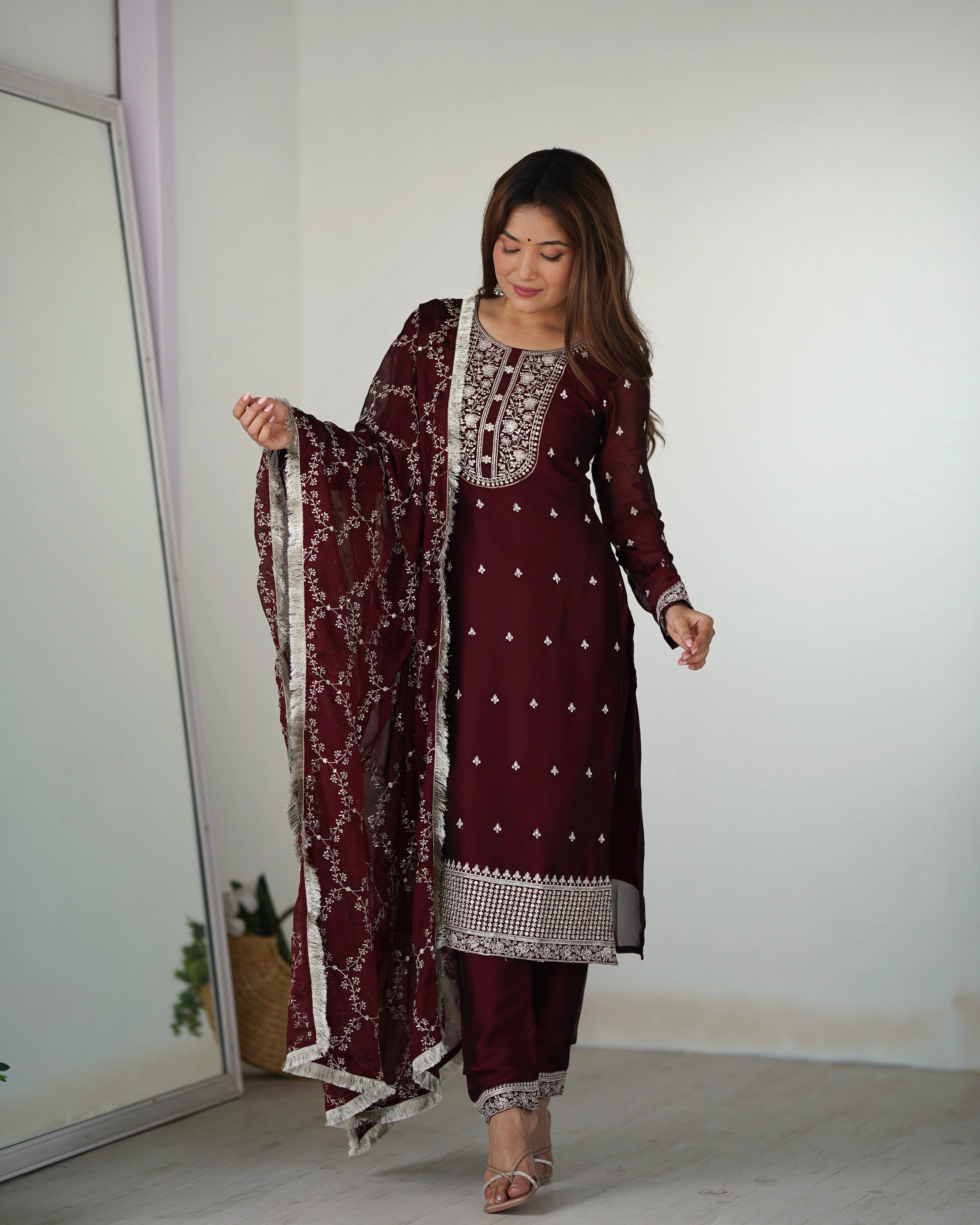 Elegant Maroon Rangoli Silk Straight-Fit Kurta Set with Embroidery Dupatta