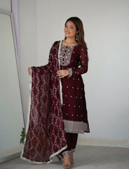 Elegant Maroon Rangoli Silk Straight-Fit Kurta Set with Embroidery Dupatta