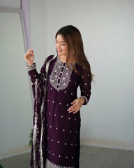 Timeless Wine Rangoli Silk Kurta Set with Intricate Thread Work