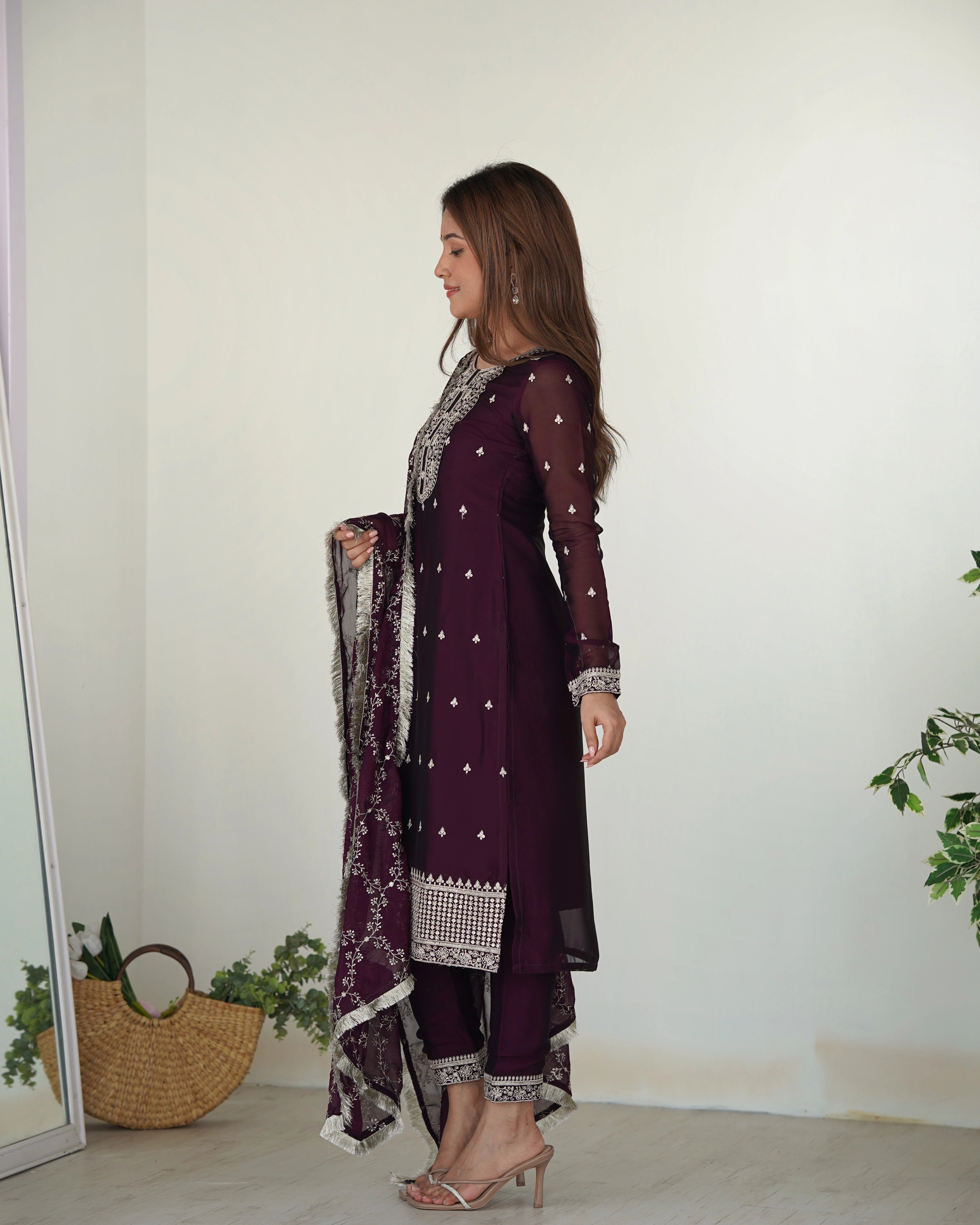 Timeless Wine Rangoli Silk Kurta Set with Intricate Thread Work