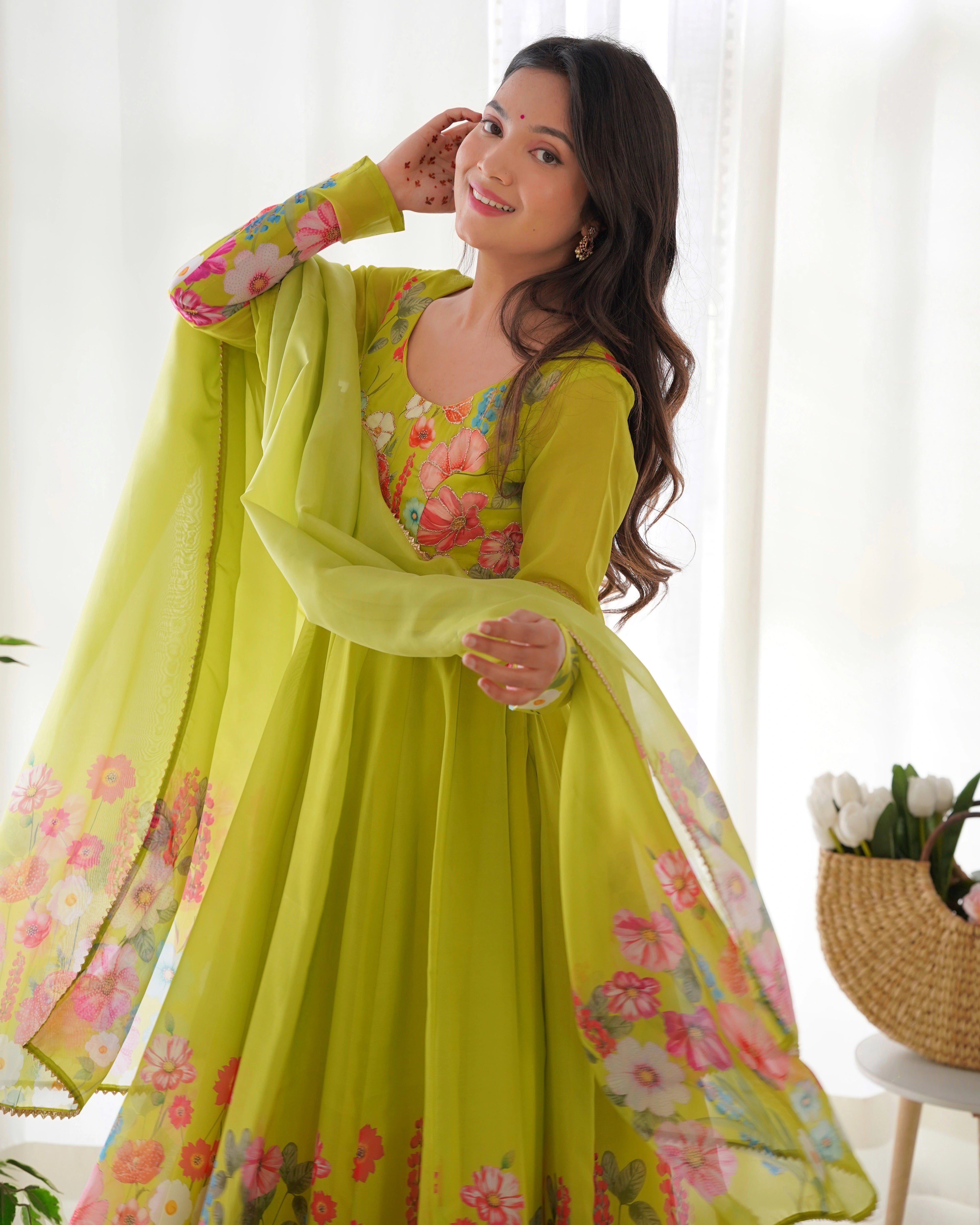 Fresh Liril Green Organza Anarkali Suit with Intricate Floral Design