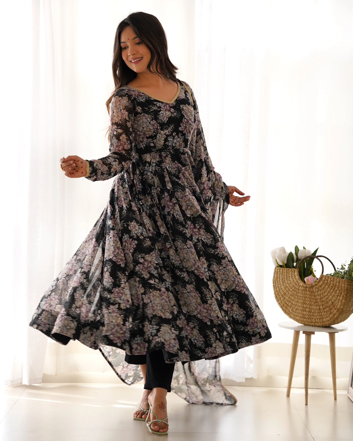 Elegant Black Floral Georgette Anarkali Set with V-Neck Design