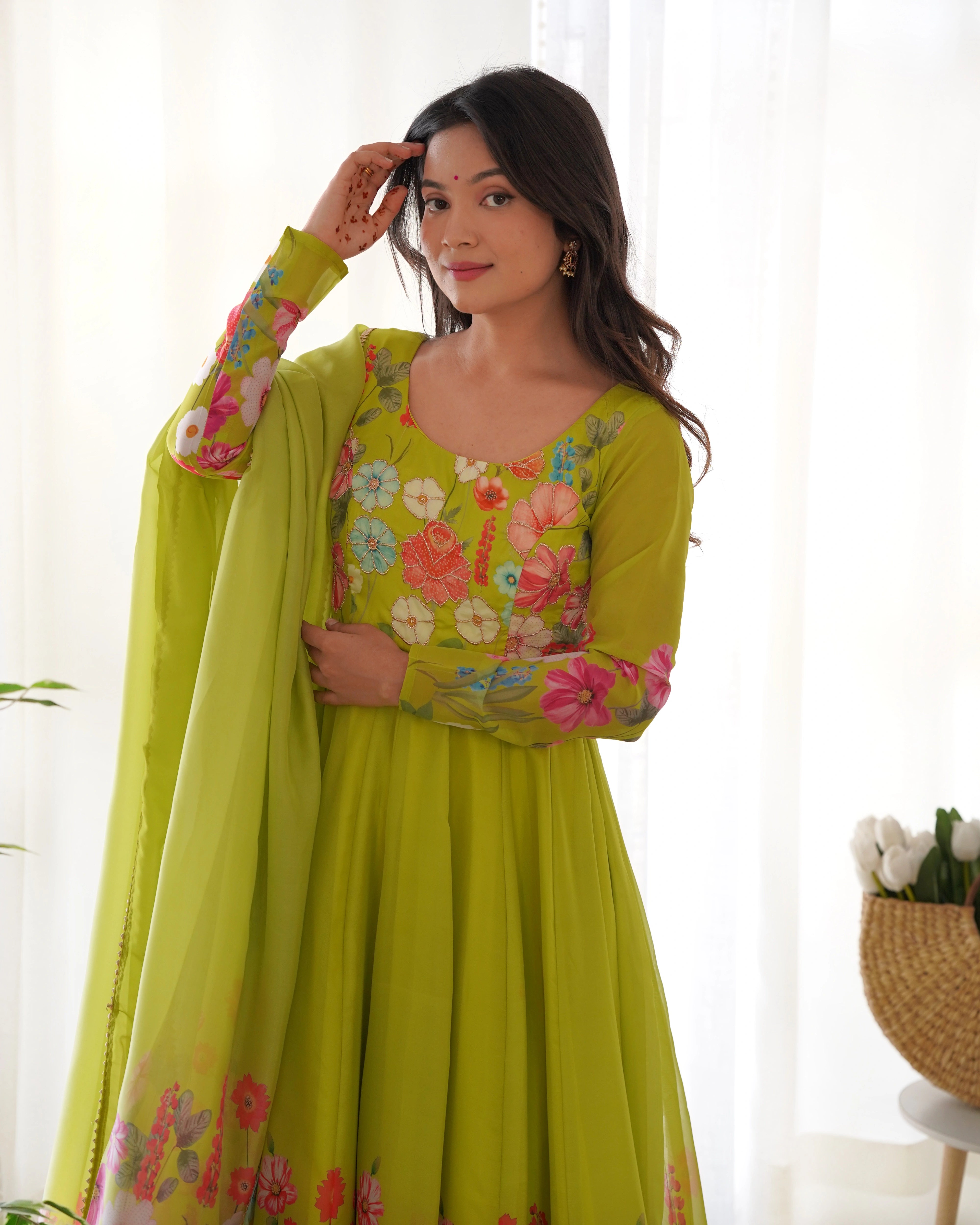 Fresh Liril Green Organza Anarkali Suit with Intricate Floral Design