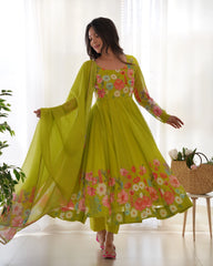 Fresh Liril Green Organza Anarkali Suit with Intricate Floral Design