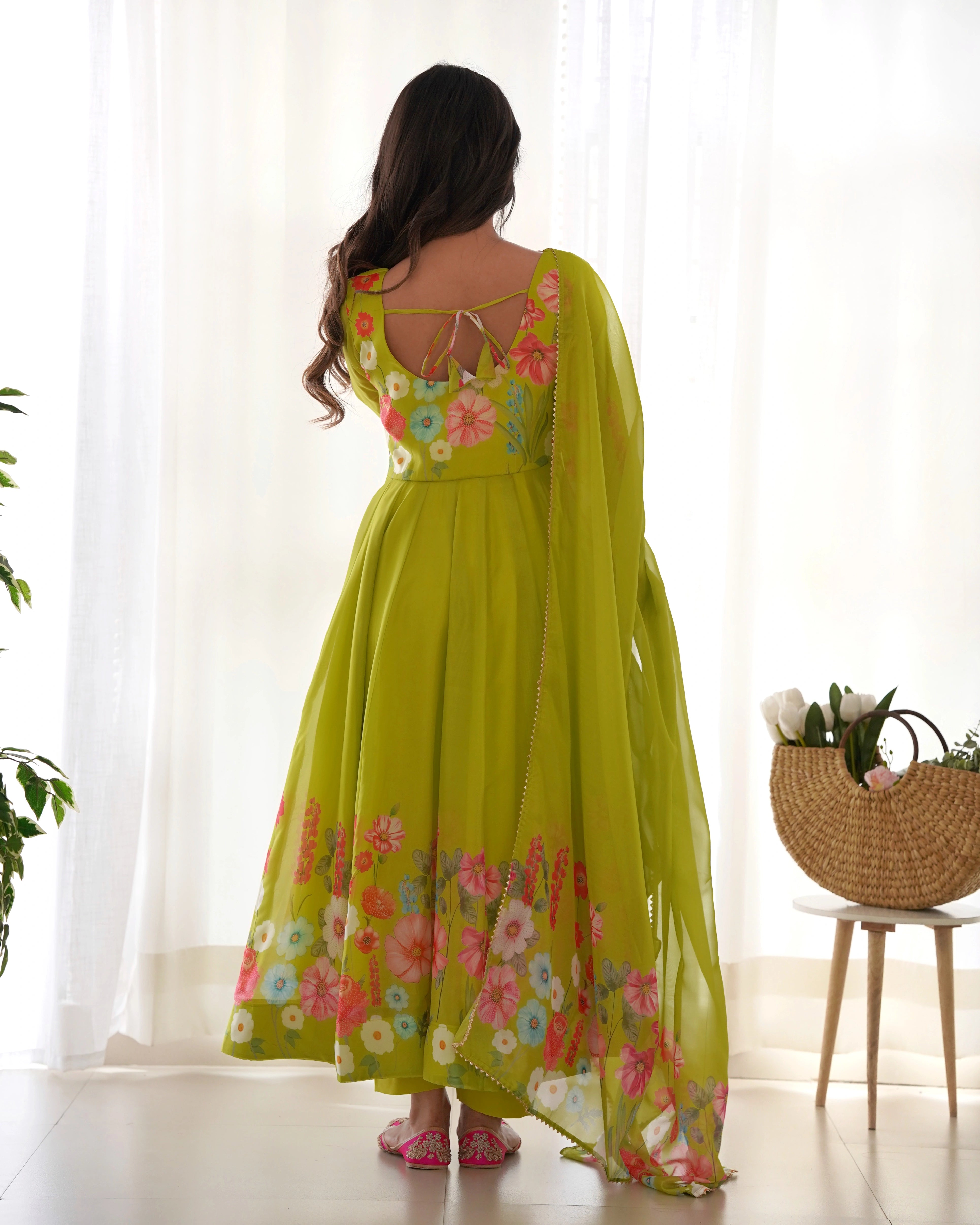 Fresh Liril Green Organza Anarkali Suit with Intricate Floral Design