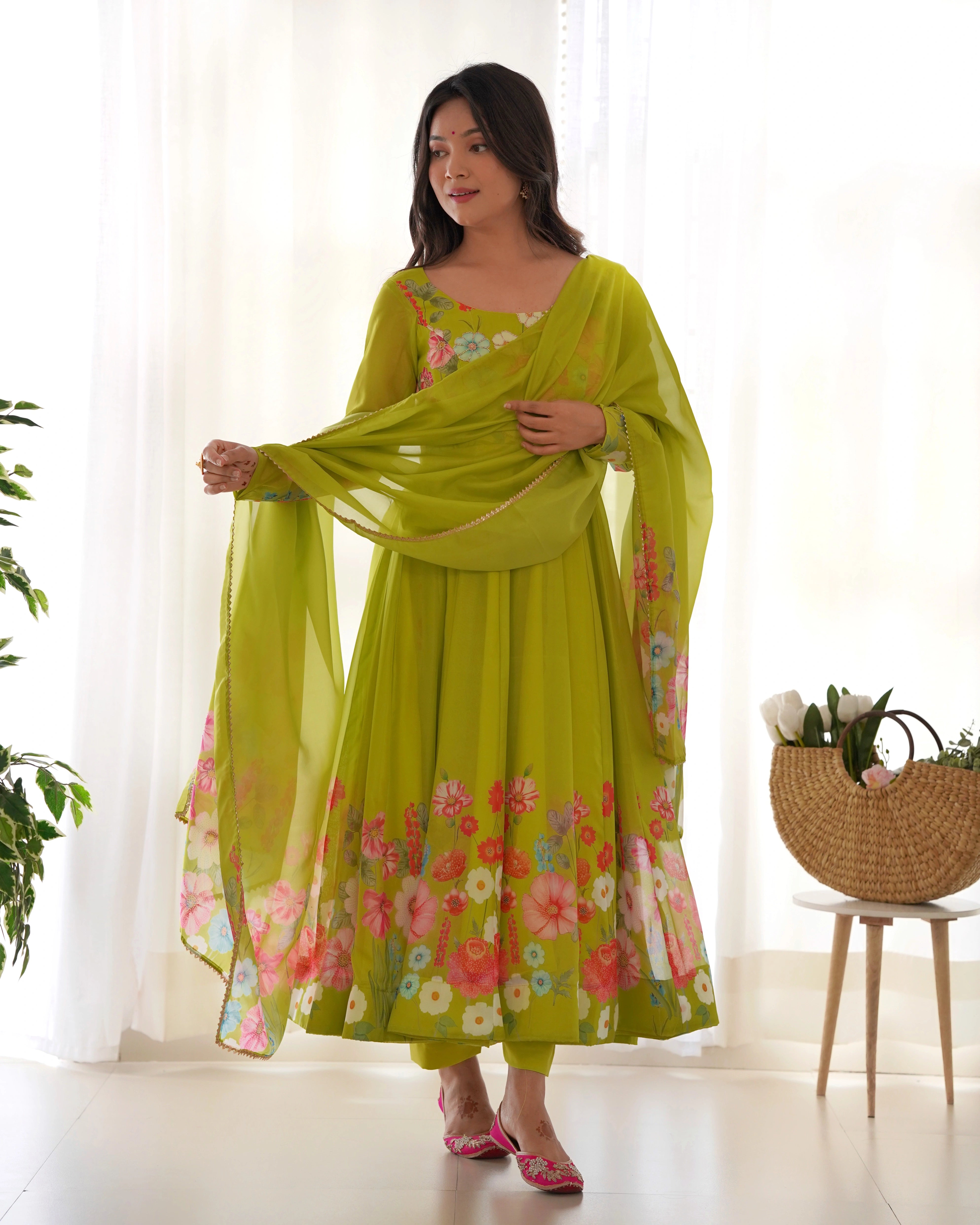 Fresh Liril Green Organza Anarkali Suit with Intricate Floral Design