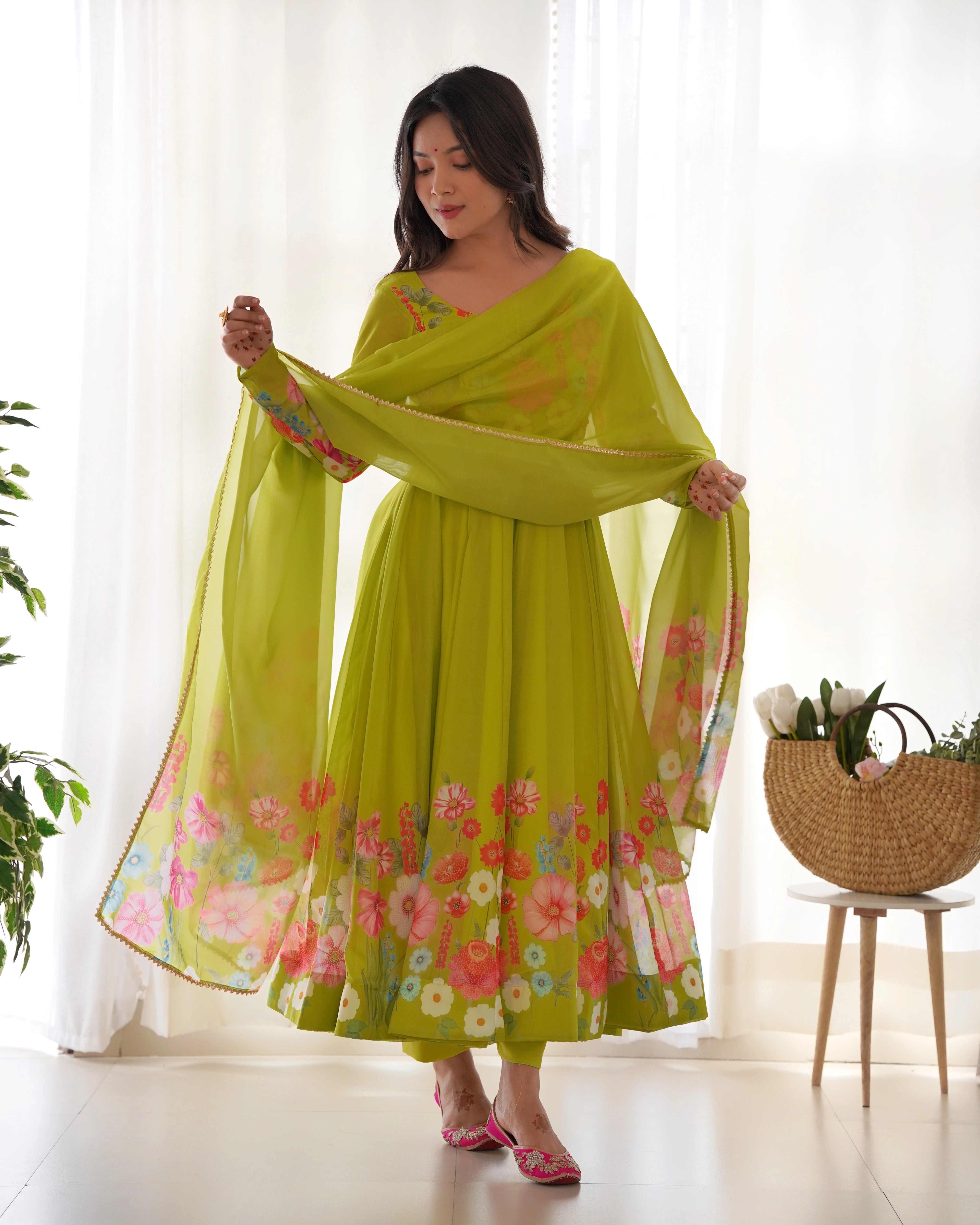 Fresh Liril Green Organza Anarkali Suit with Intricate Floral Design