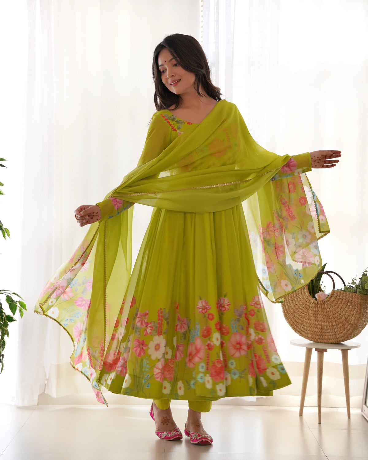 Fresh Liril Green Organza Anarkali Suit with Intricate Floral Design