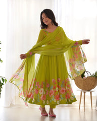 Fresh Liril Green Organza Anarkali Suit with Intricate Floral Design