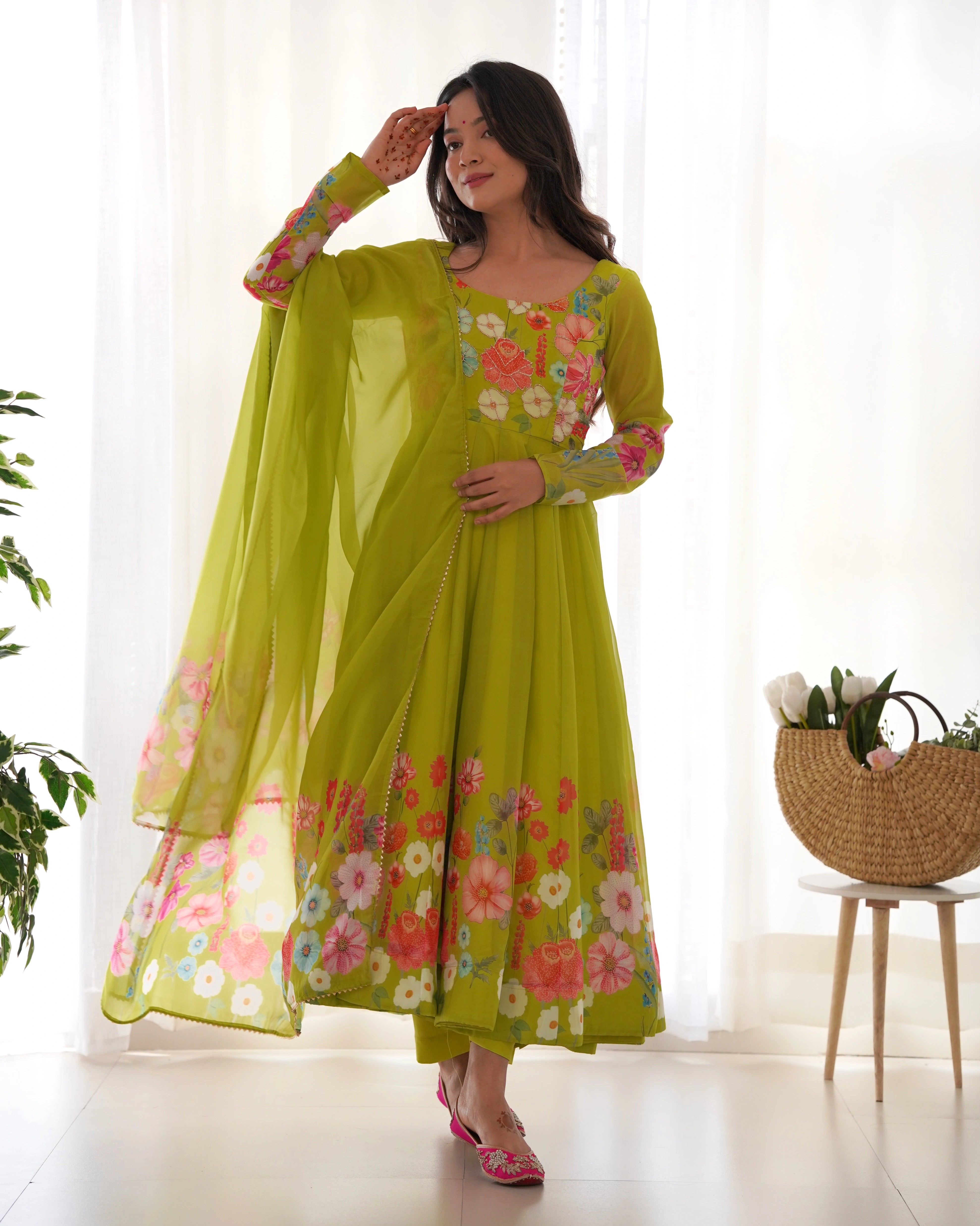 Fresh Liril Green Organza Anarkali Suit with Intricate Floral Design